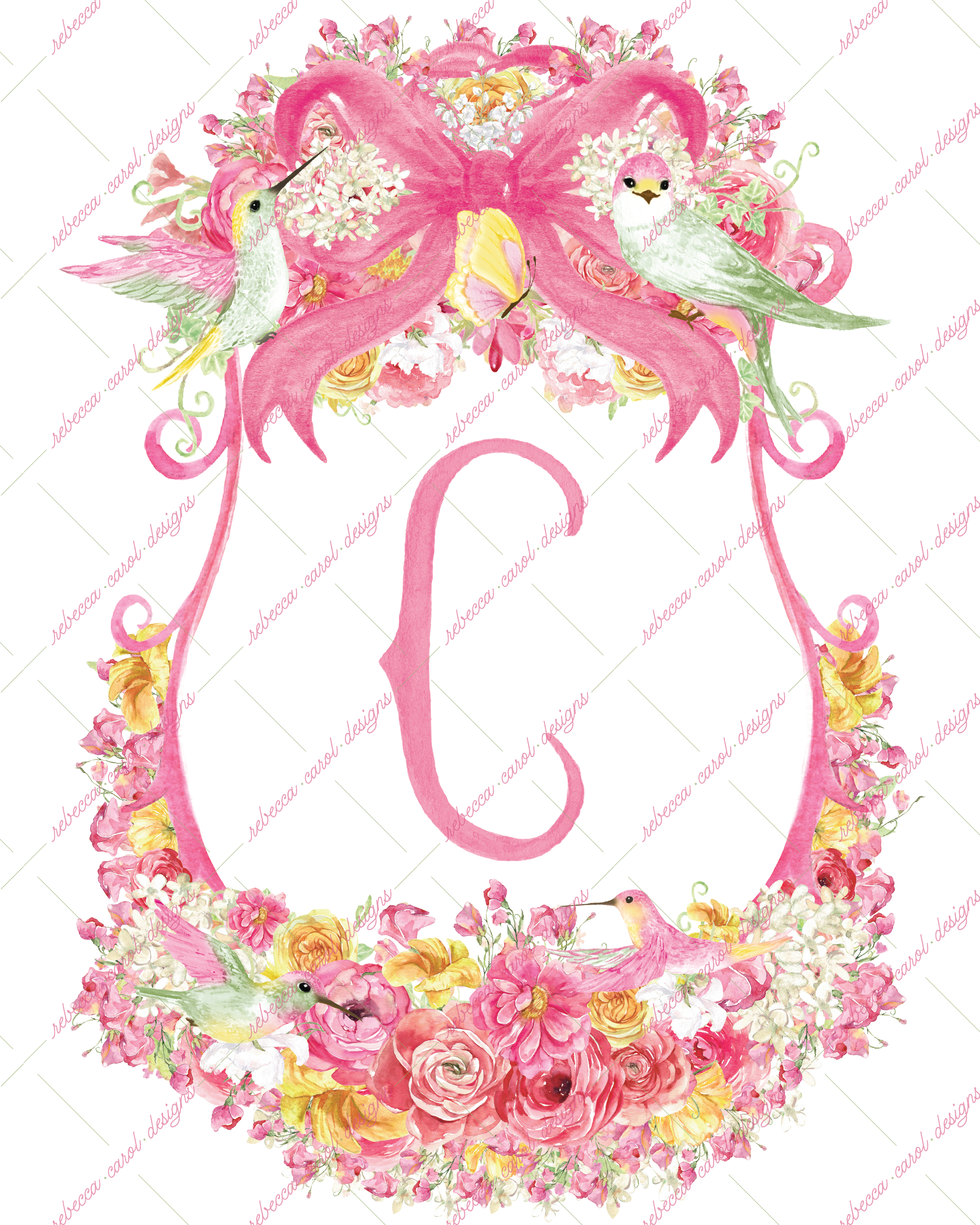 8x10in Watercolor Single Letter Monogram with Birds and Butterfly - C - Pink Option 6