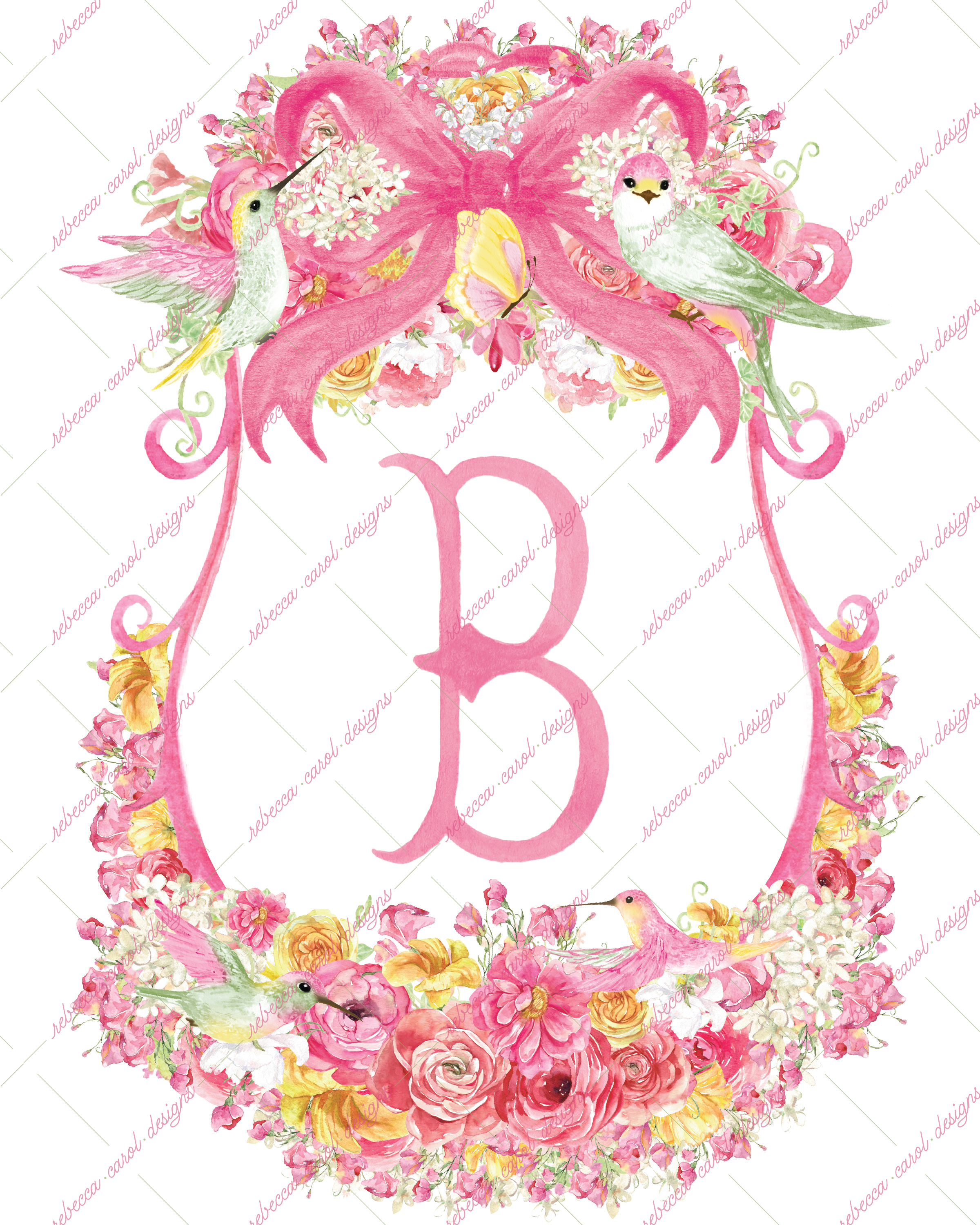 8x10in Watercolor Single Letter Monogram with Birds and Butterfly - B - Pink Option 6