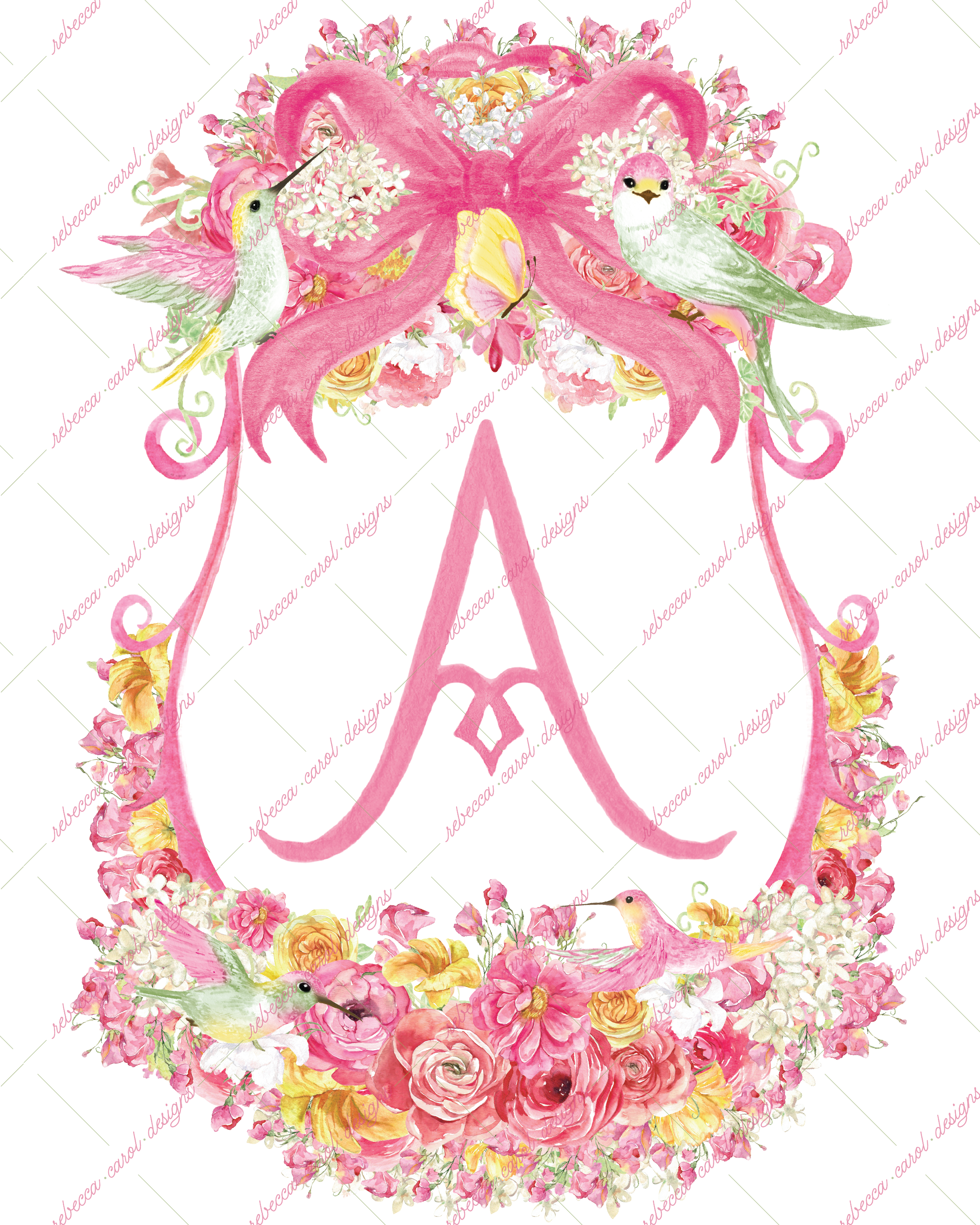 8x10in Watercolor Single Letter Monogram with Birds and Butterfly - A - Pink Option 6