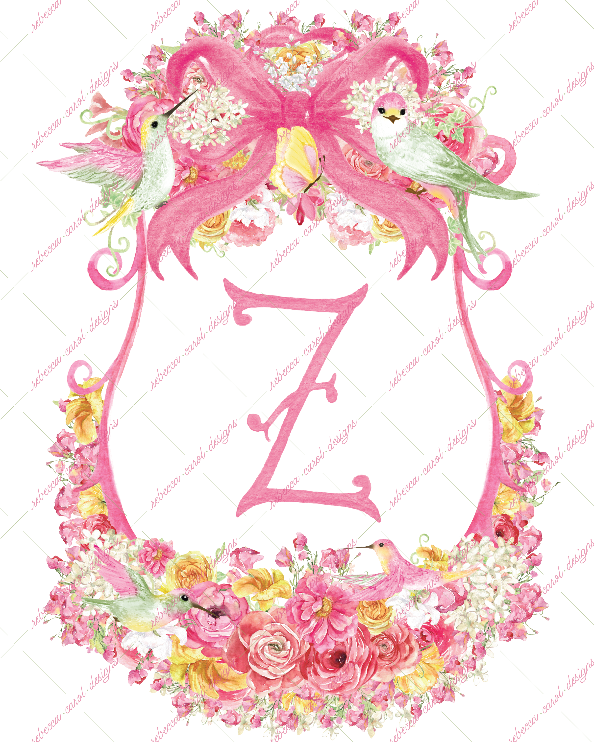 8x10in Watercolor Single Letter Monogram with Birds and Butterfly - Z - Pink Option 5