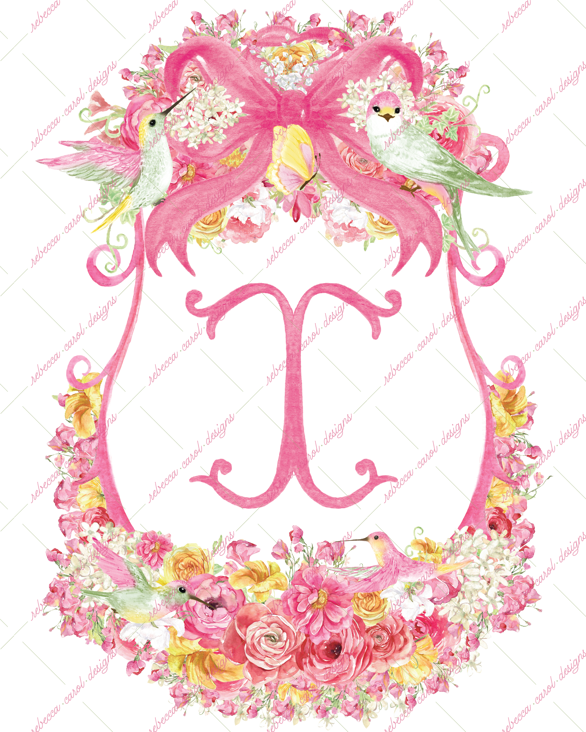 8x10in Watercolor Single Letter Monogram with Birds and Butterfly - X - Pink Option 5