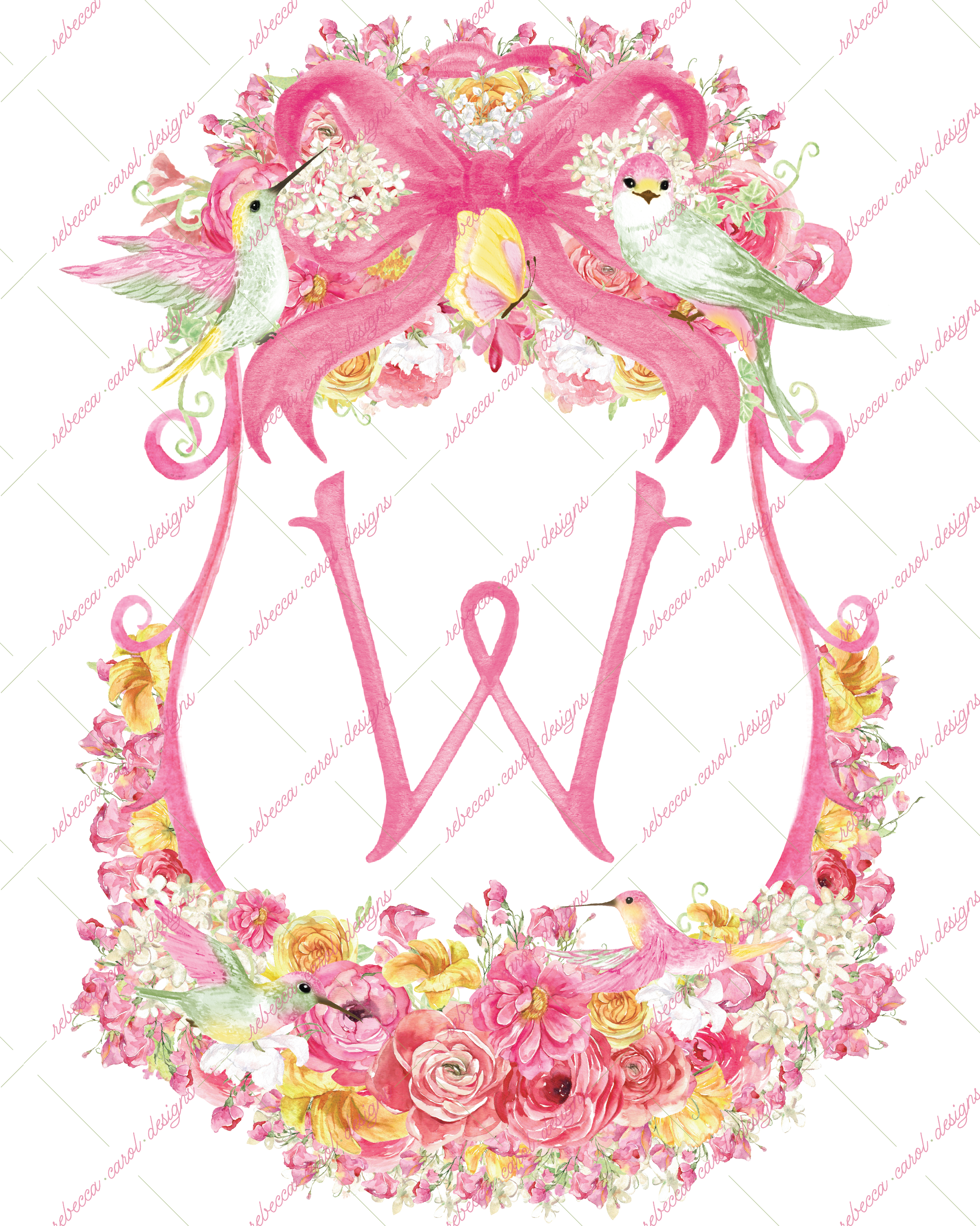 8x10in Watercolor Single Letter Monogram with Birds and Butterfly - W - Pink Option 5