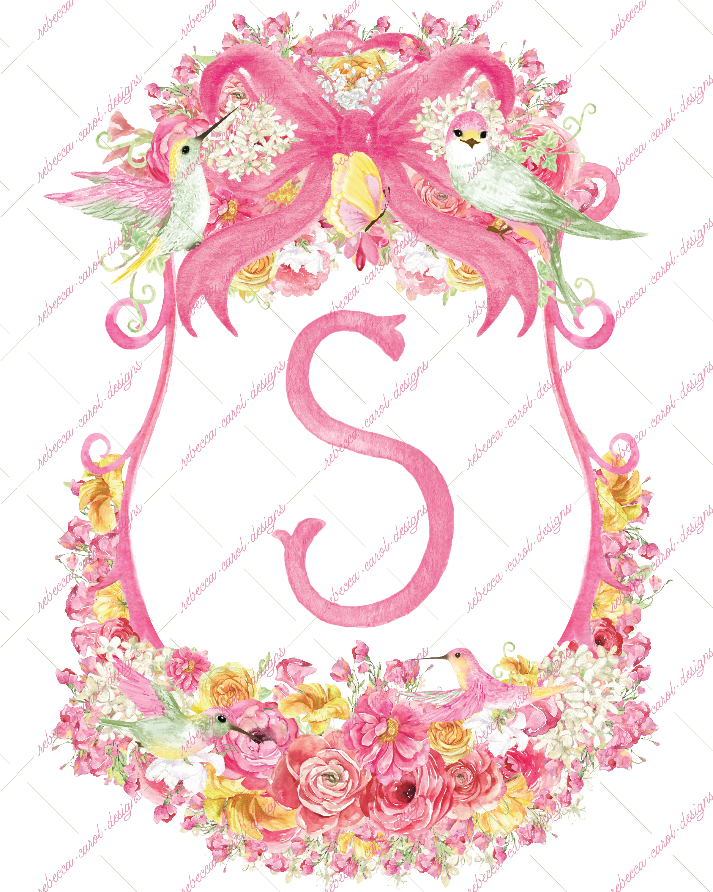 8x10in Watercolor Single Letter Monogram with Birds and Butterfly - S - Pink Option 5