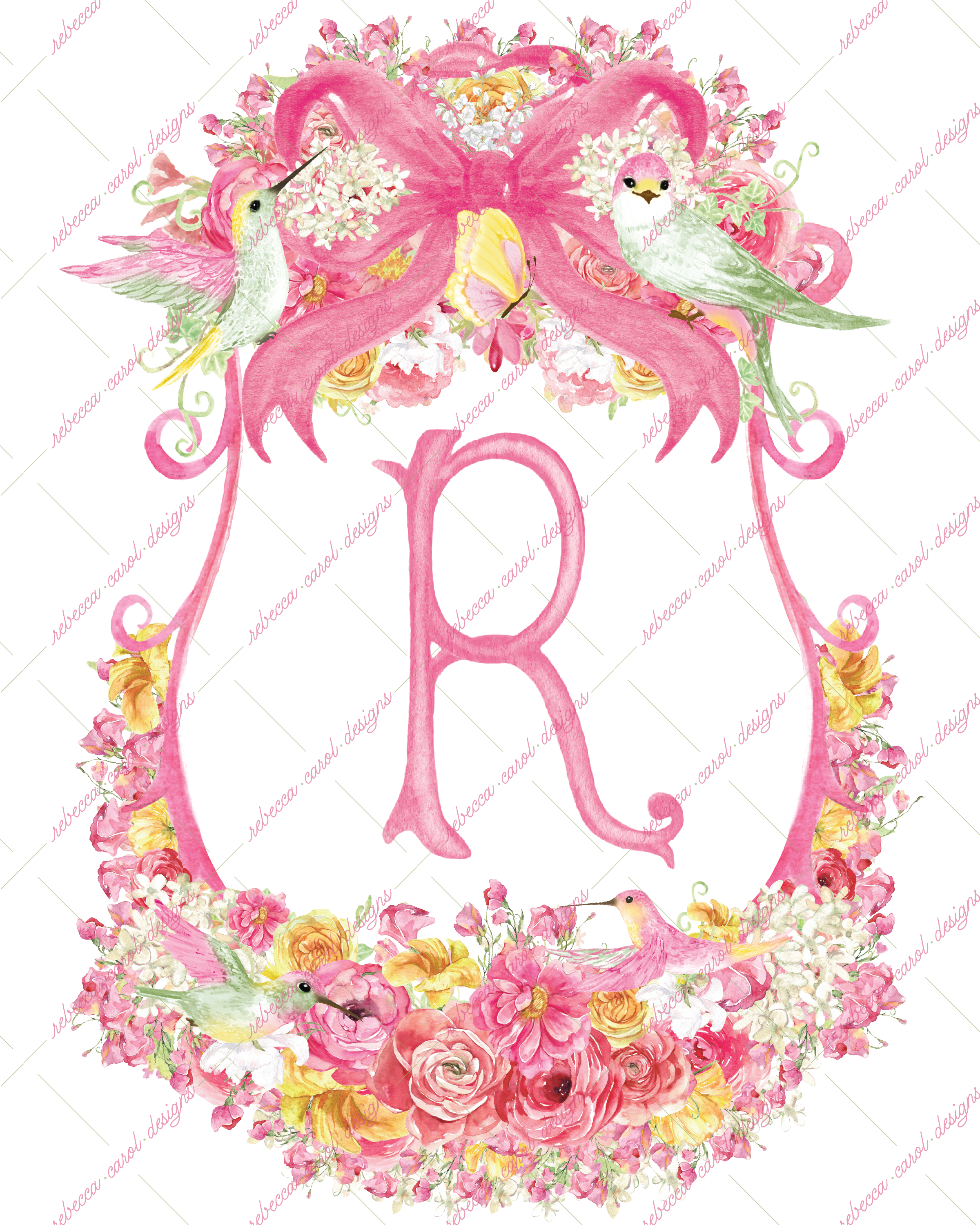 8x10in Watercolor Single Letter Monogram with Birds and Butterfly - R - Pink Option 5