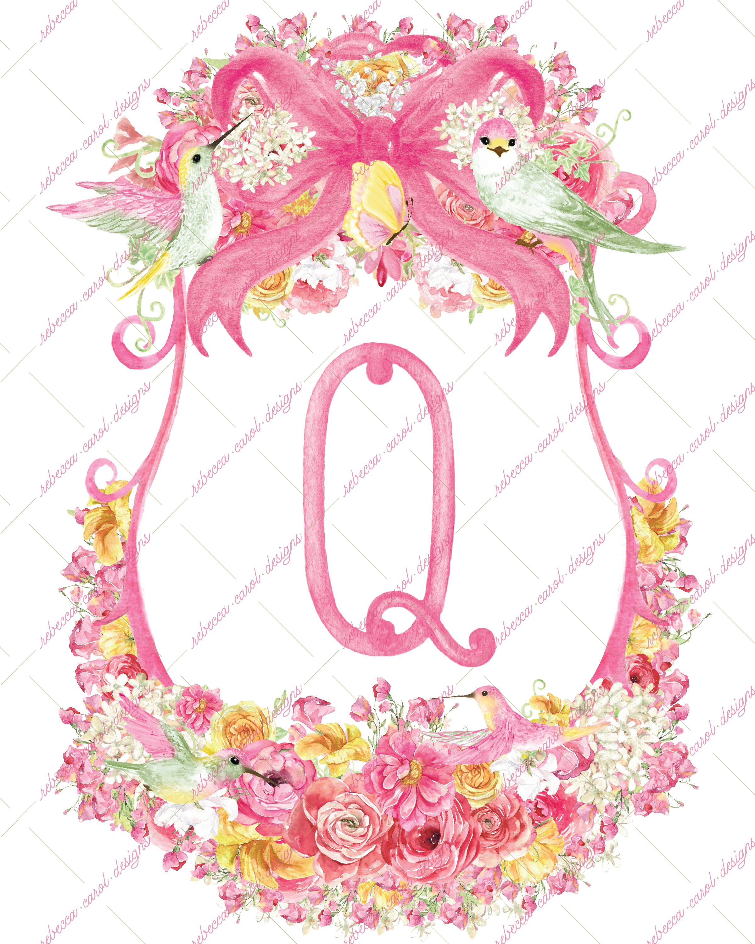 8x10in Watercolor Single Letter Monogram with Birds and Butterfly - Q - Pink Option 5