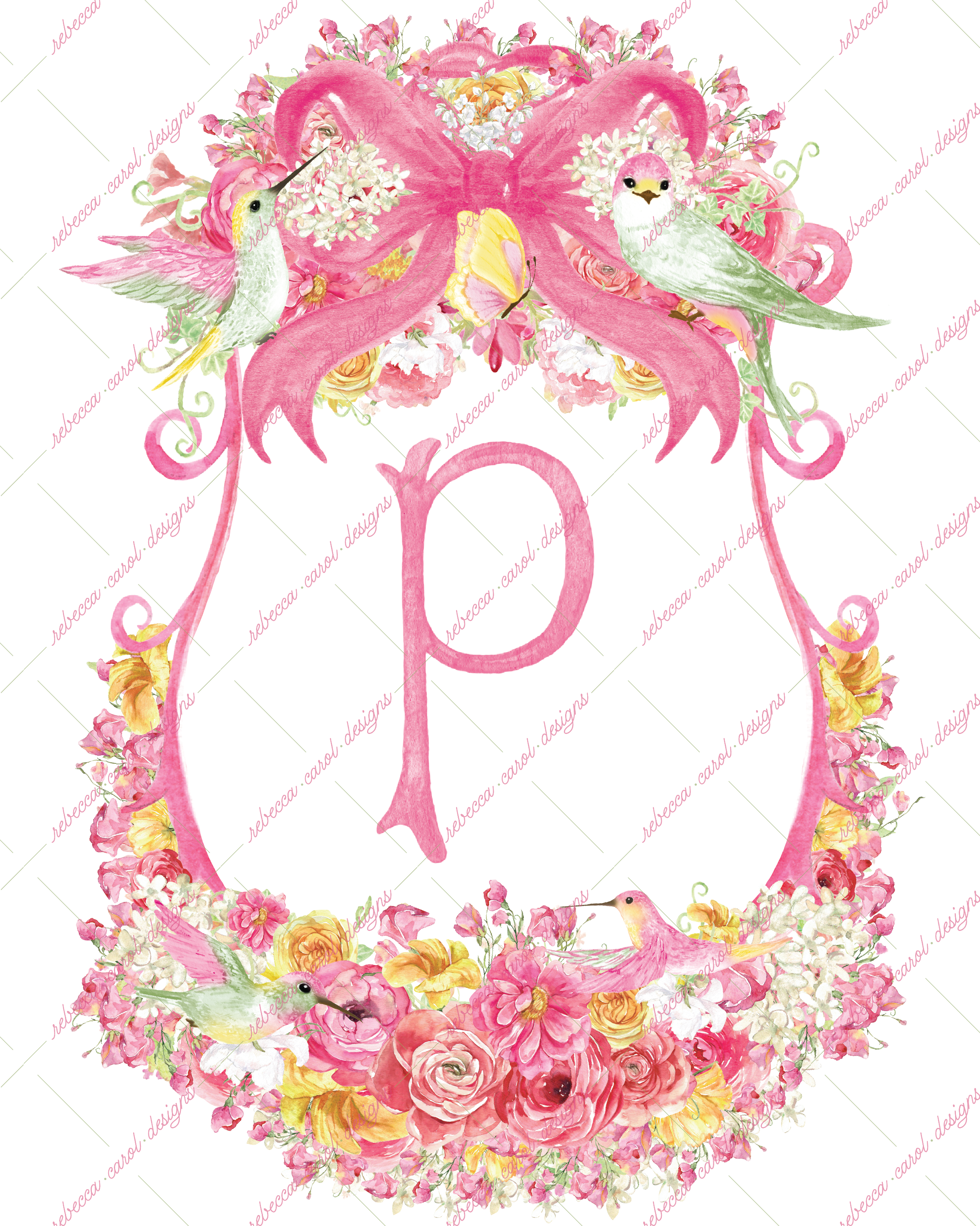 8x10in Watercolor Single Letter Monogram with Birds and Butterfly - P - Pink Option 5