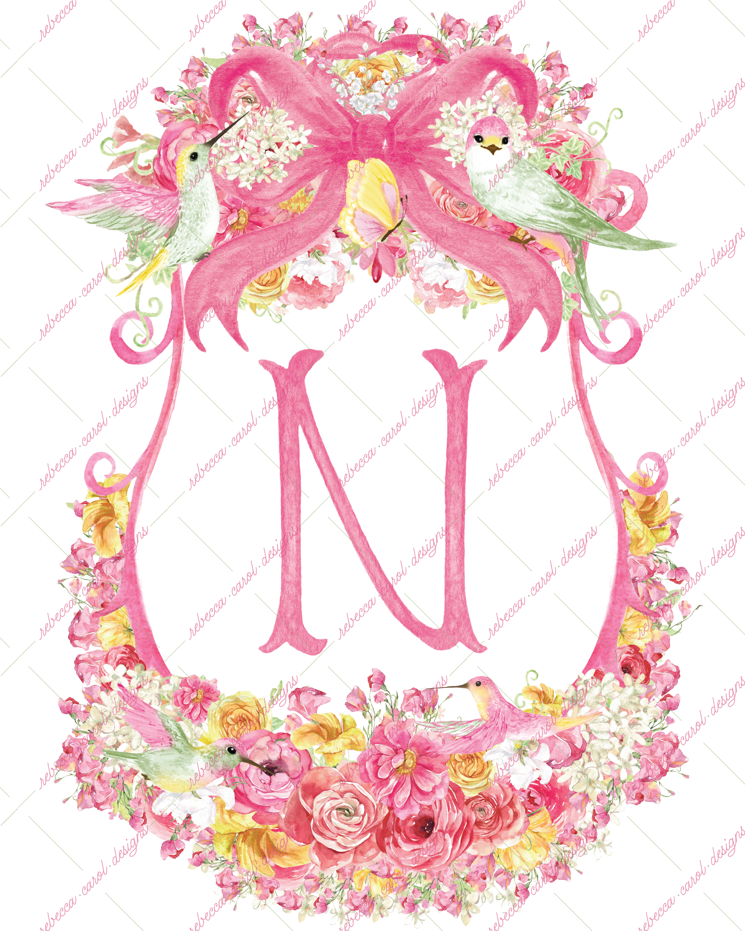8x10in Watercolor Single Letter Monogram with Birds and Butterfly - N - Pink Option 5