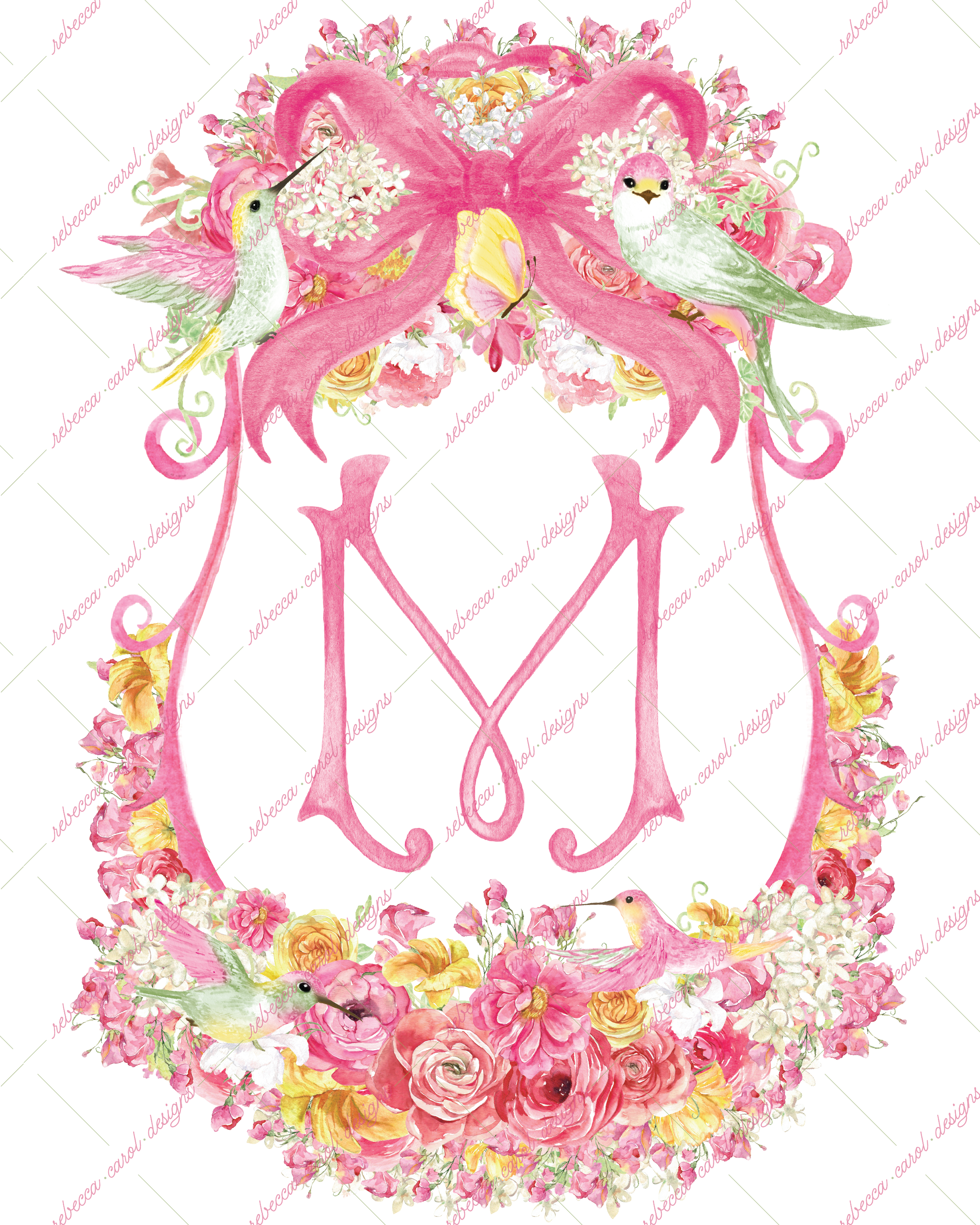 8x10in Watercolor Single Letter Monogram with Birds and Butterfly - M - Pink Option 5