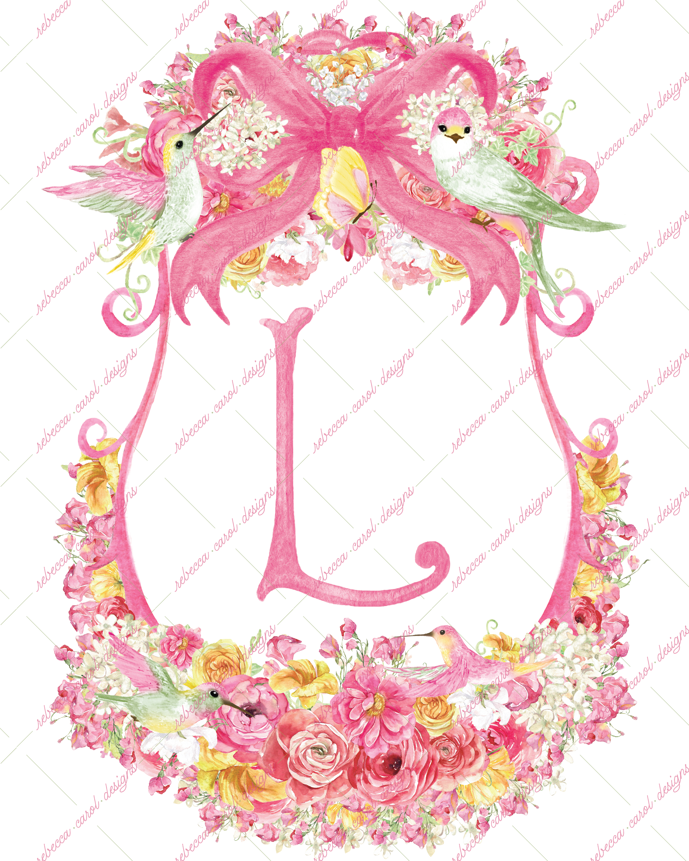 8x10in Watercolor Single Letter Monogram with Birds and Butterfly - L - Pink Option 5