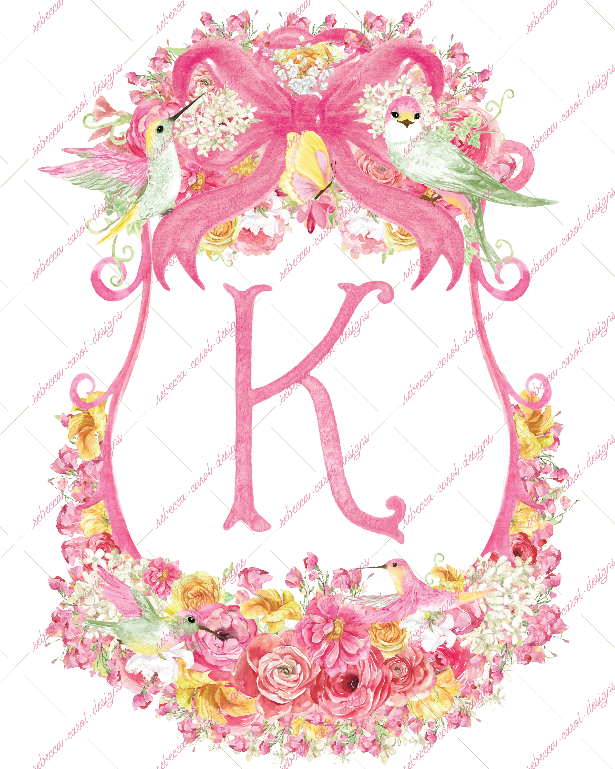 8x10in Watercolor Single Letter Monogram with Birds and Butterfly - K - Pink Option 5