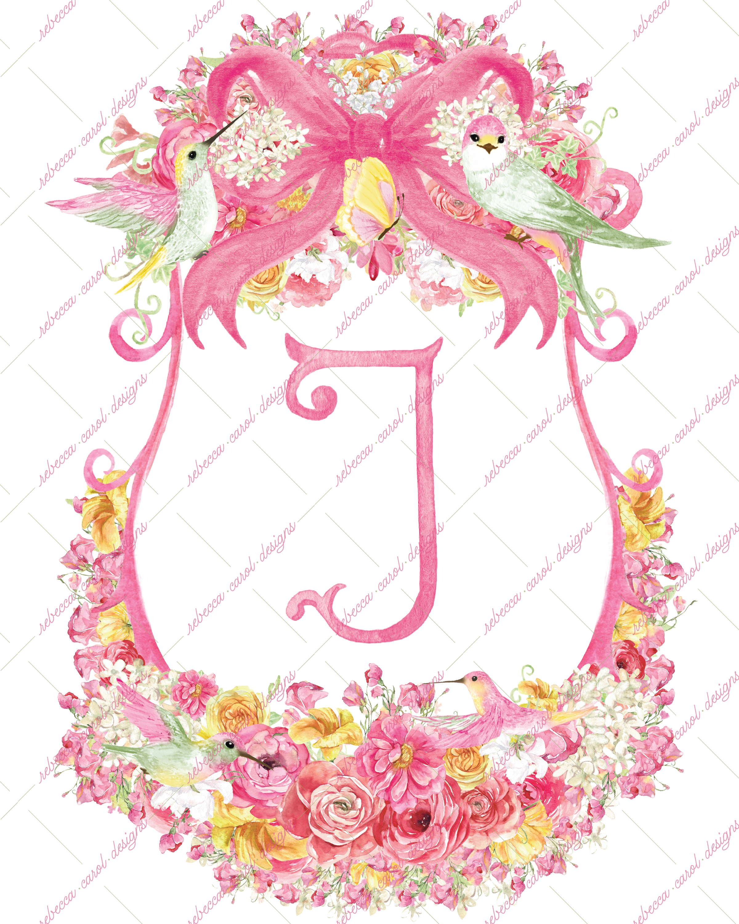 8x10in Watercolor Single Letter Monogram with Birds and Butterfly - J - Pink Option 5
