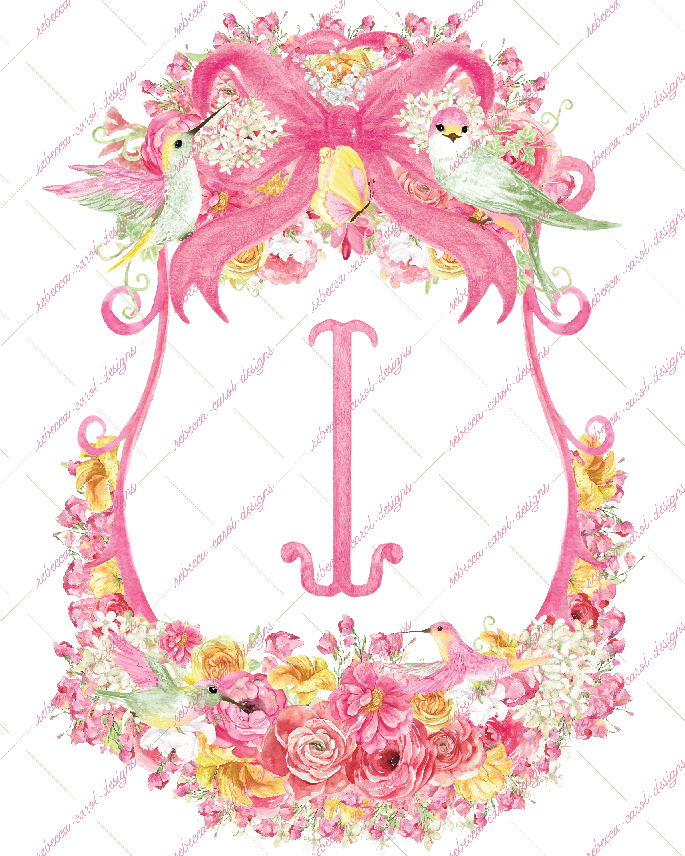 8x10in Watercolor Single Letter Monogram with Birds and Butterfly - I - Pink Option 5