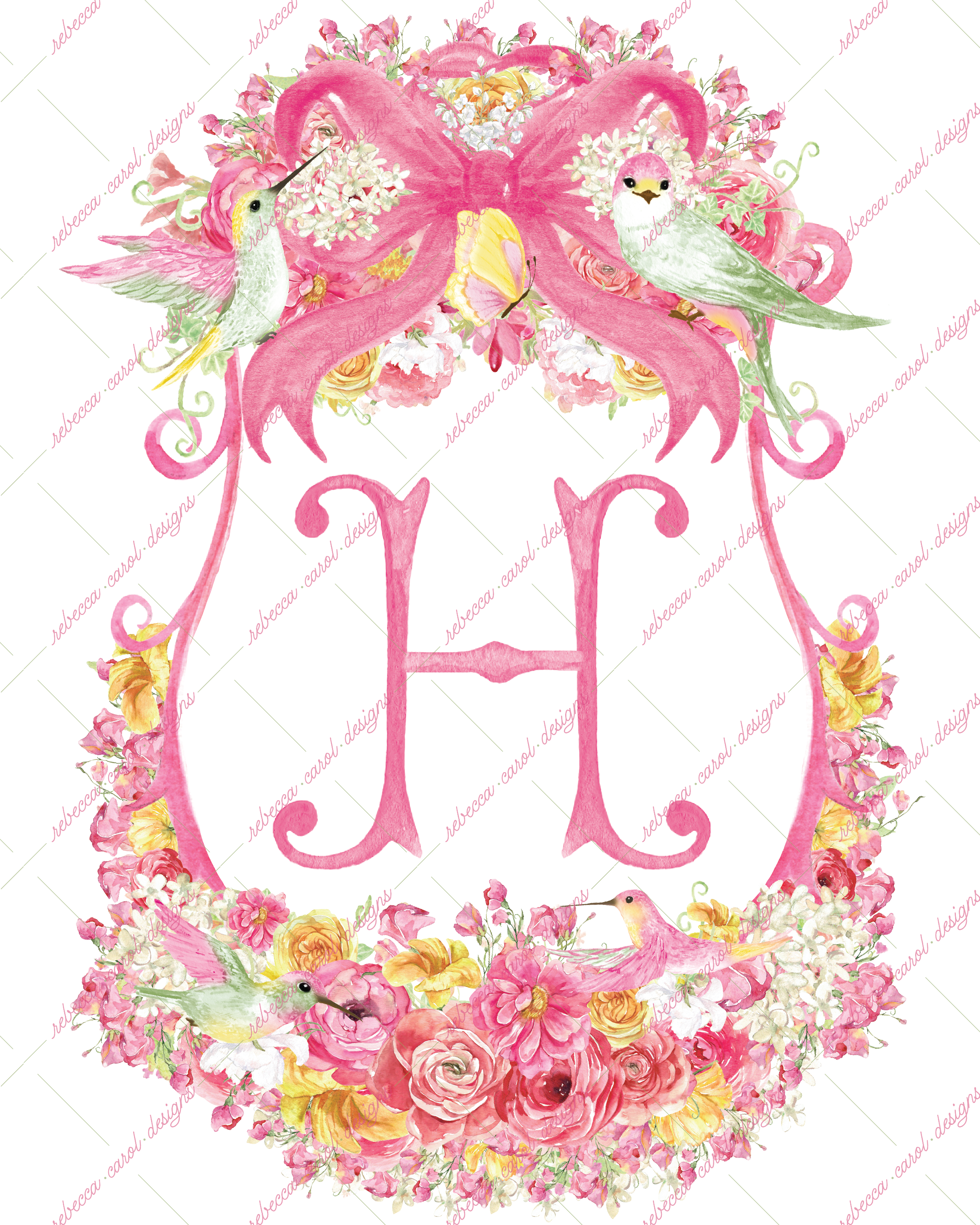 8x10in Watercolor Single Letter Monogram with Birds and Butterfly - H - Pink Option 5