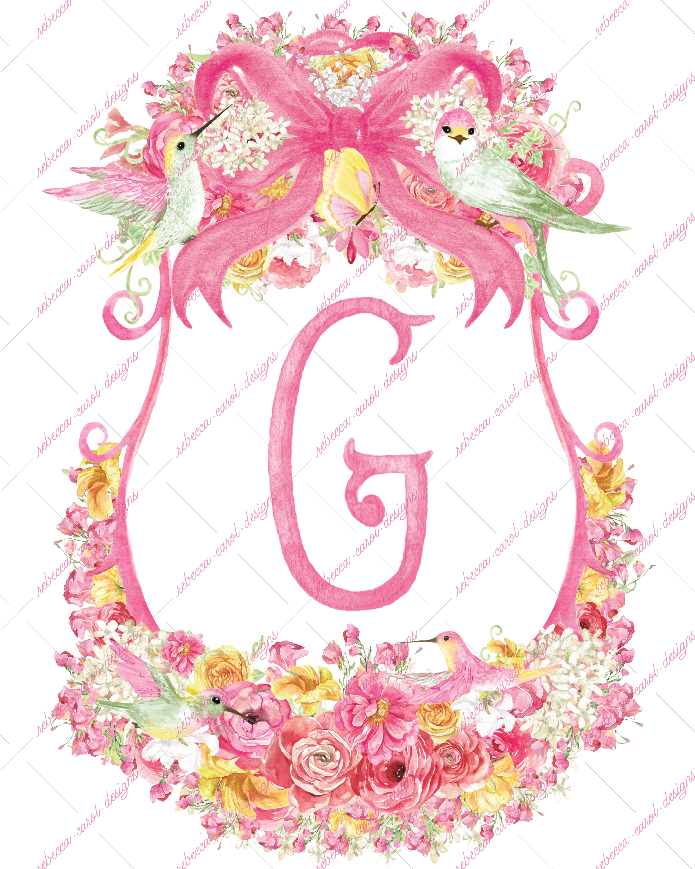 8x10in Watercolor Single Letter Monogram with Birds and Butterfly - G - Pink Option 5
