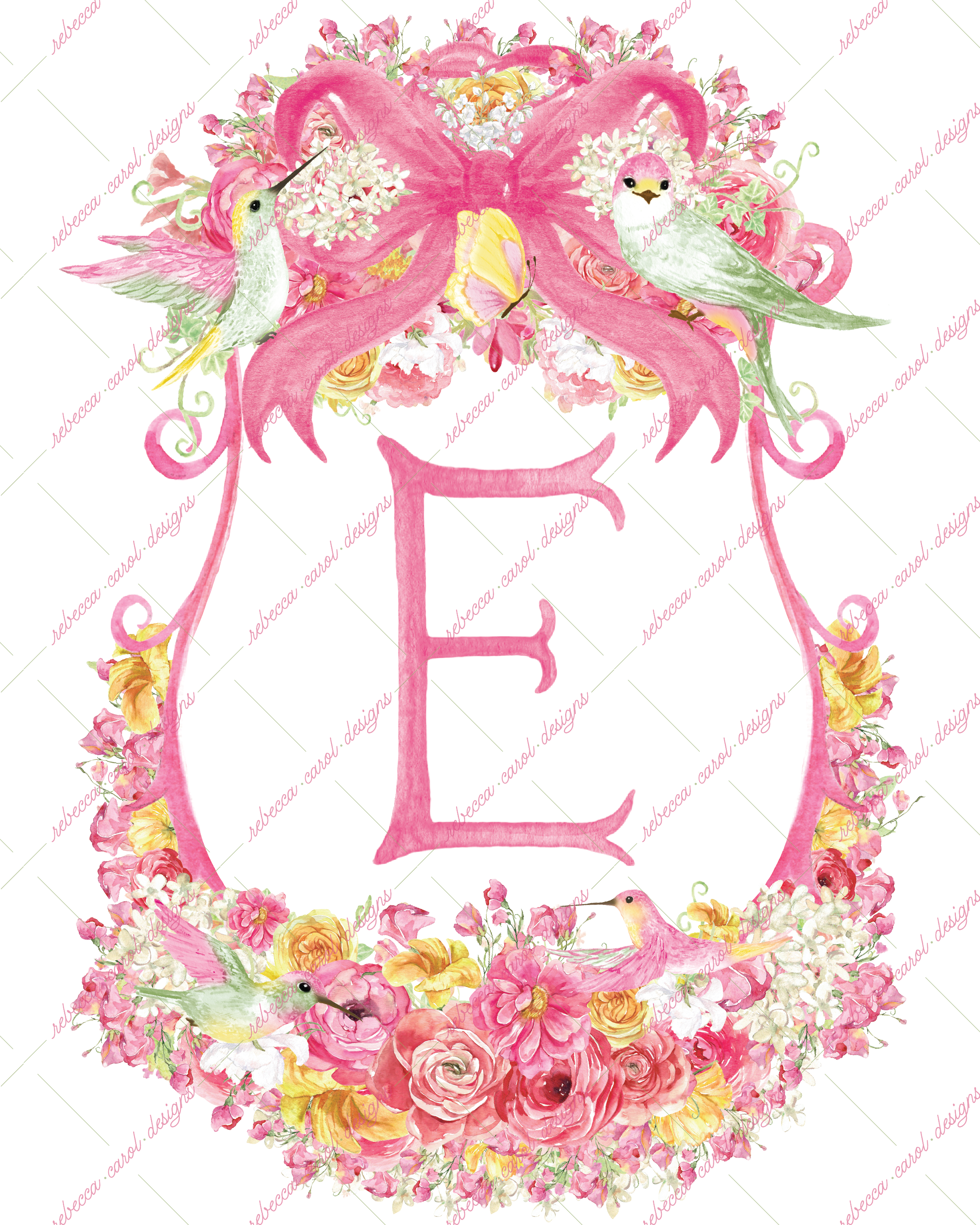 8x10in Watercolor Single Letter Monogram with Birds and Butterfly - E - Pink Option 5