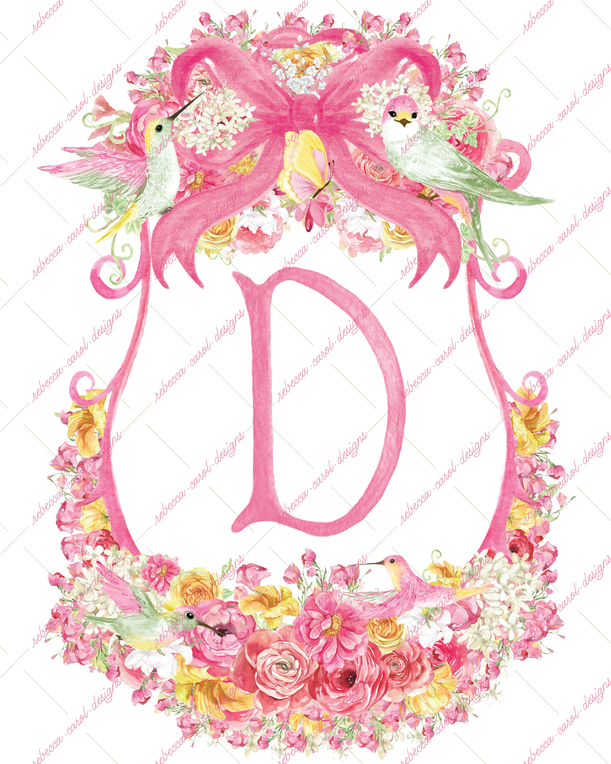 8x10in Watercolor Single Letter Monogram with Birds and Butterfly - D - Pink Option 5