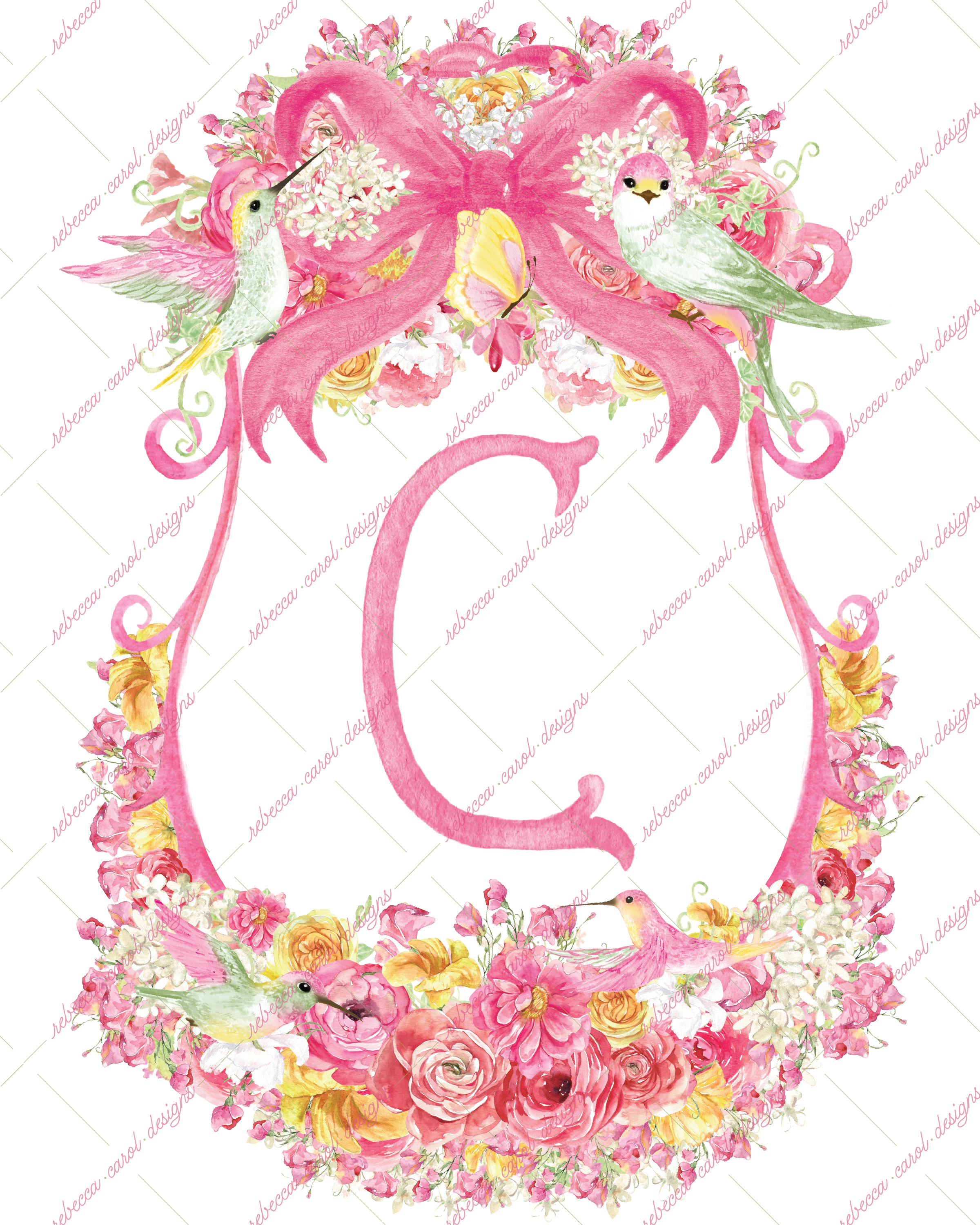 8x10in Watercolor Single Letter Monogram with Birds and Butterfly - C - Pink Option 5