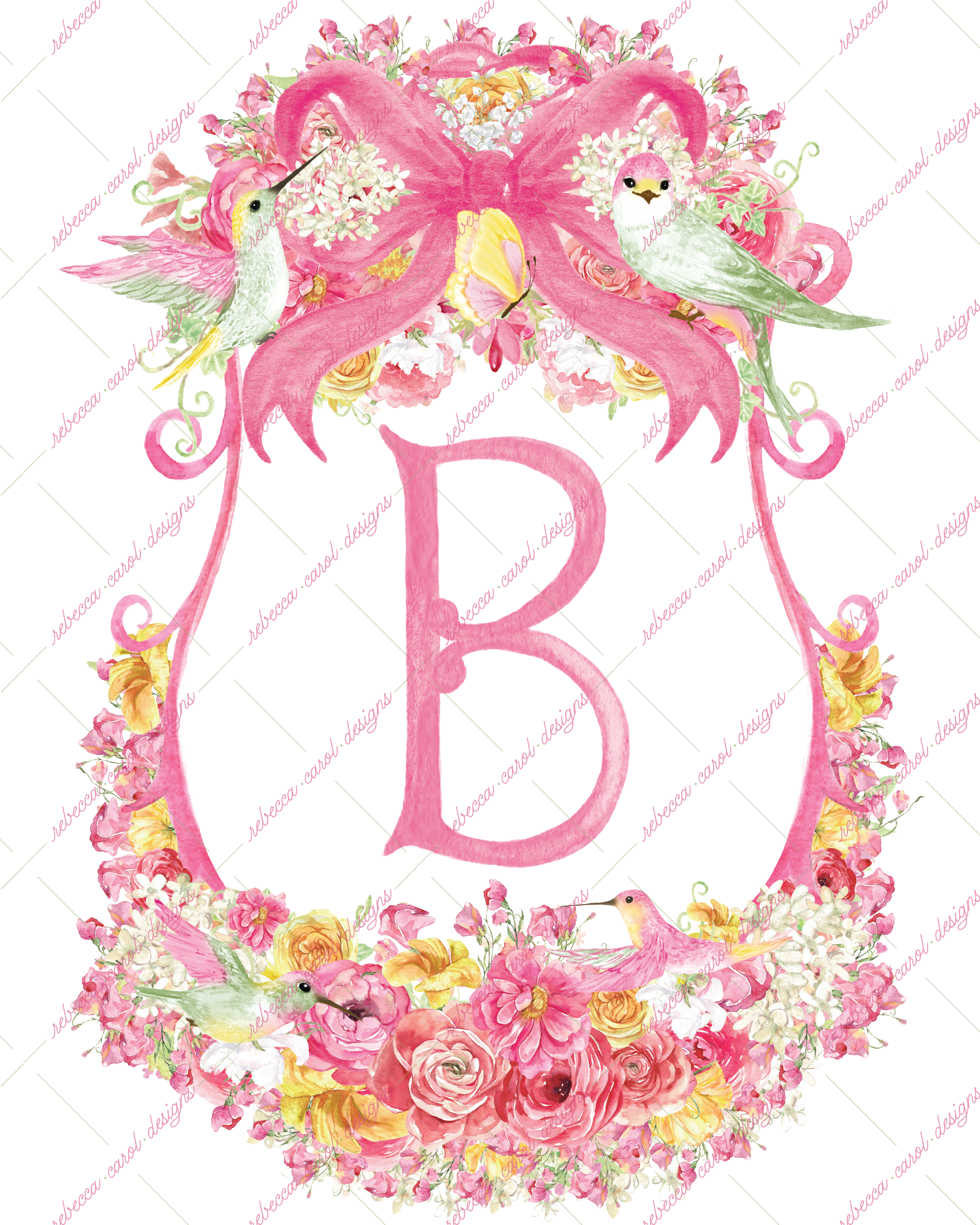 8x10in Watercolor Single Letter Monogram with Birds and Butterfly - B - Pink Option 5