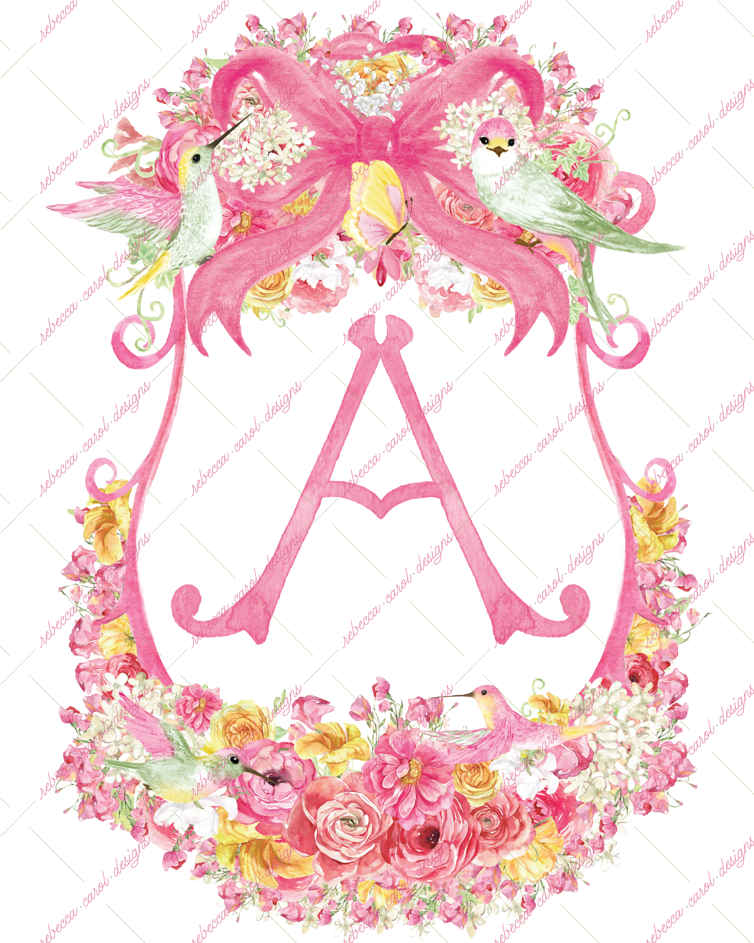 8x10in Watercolor Single Letter Monogram with Birds and Butterfly - A - Pink Option 5