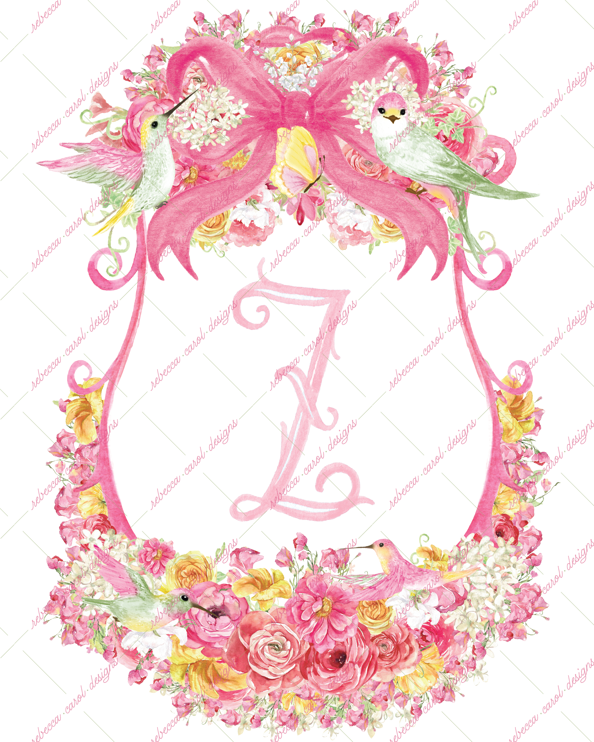 8x10in Watercolor Single Letter Monogram with Birds and Butterfly - Z - Pink Option 4