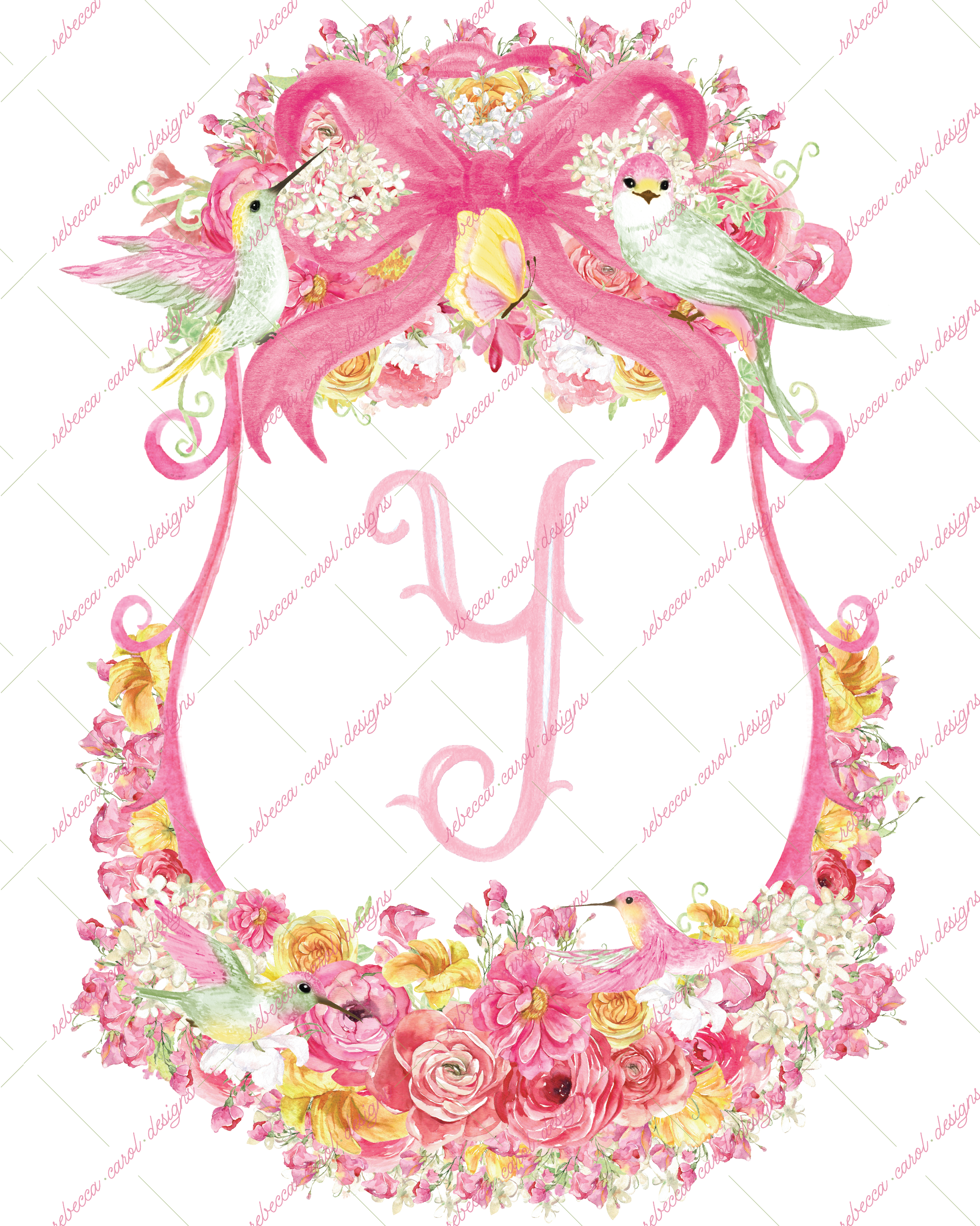 8x10in Watercolor Single Letter Monogram with Birds and Butterfly - Y - Pink Option 4