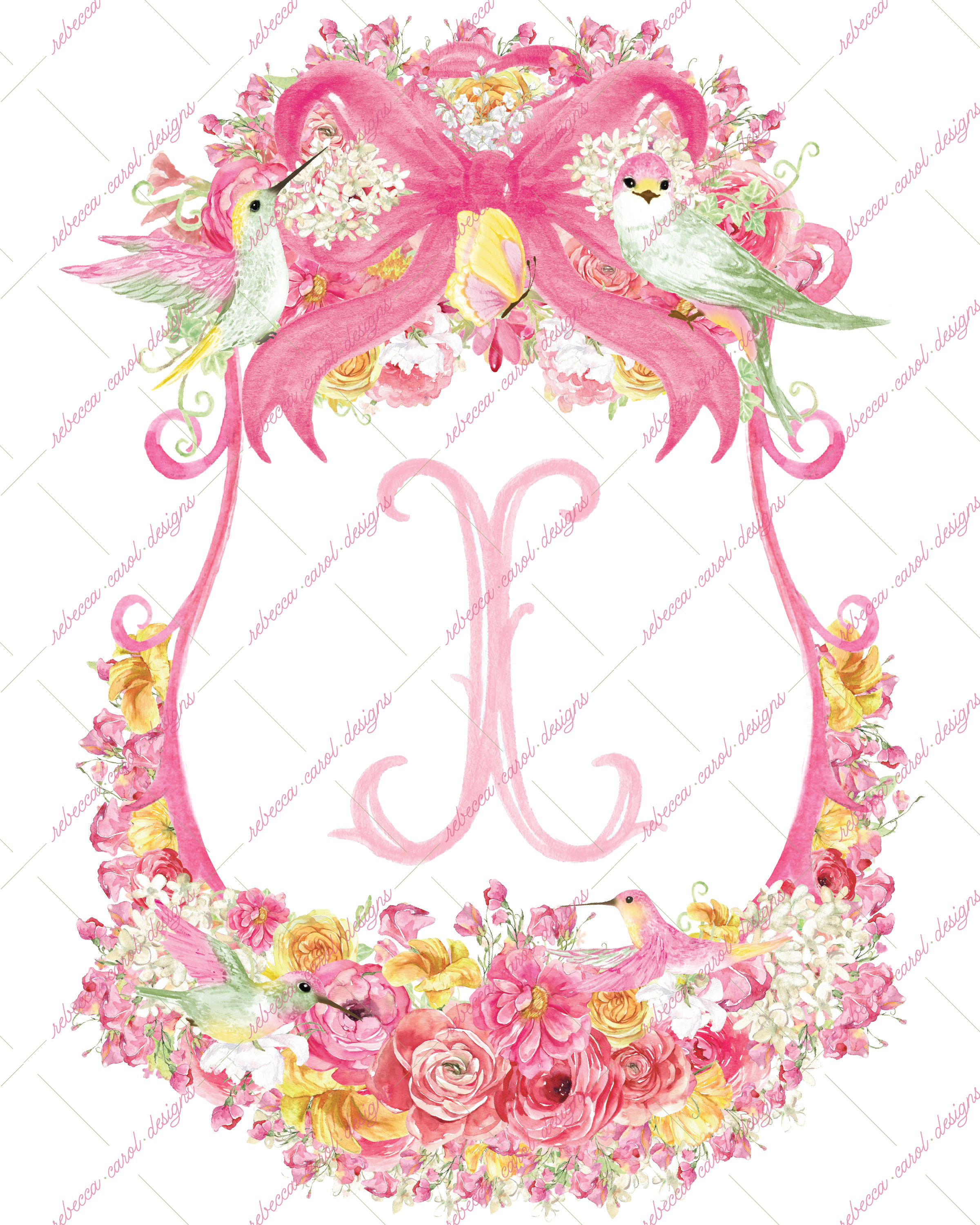 8x10in Watercolor Single Letter Monogram with Birds and Butterfly - X - Pink Option 4