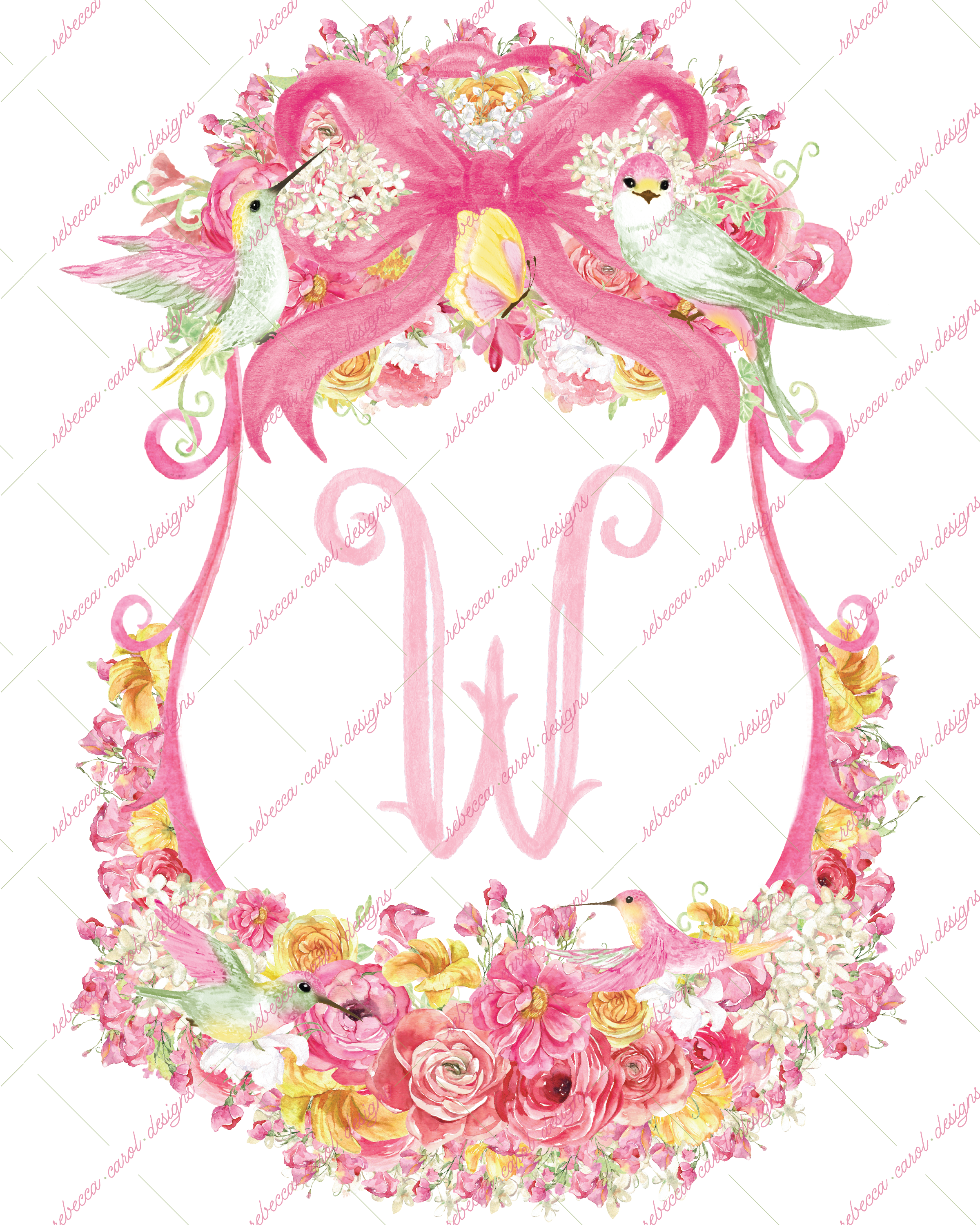8x10in Watercolor Single Letter Monogram with Birds and Butterfly - W - Pink Option 4