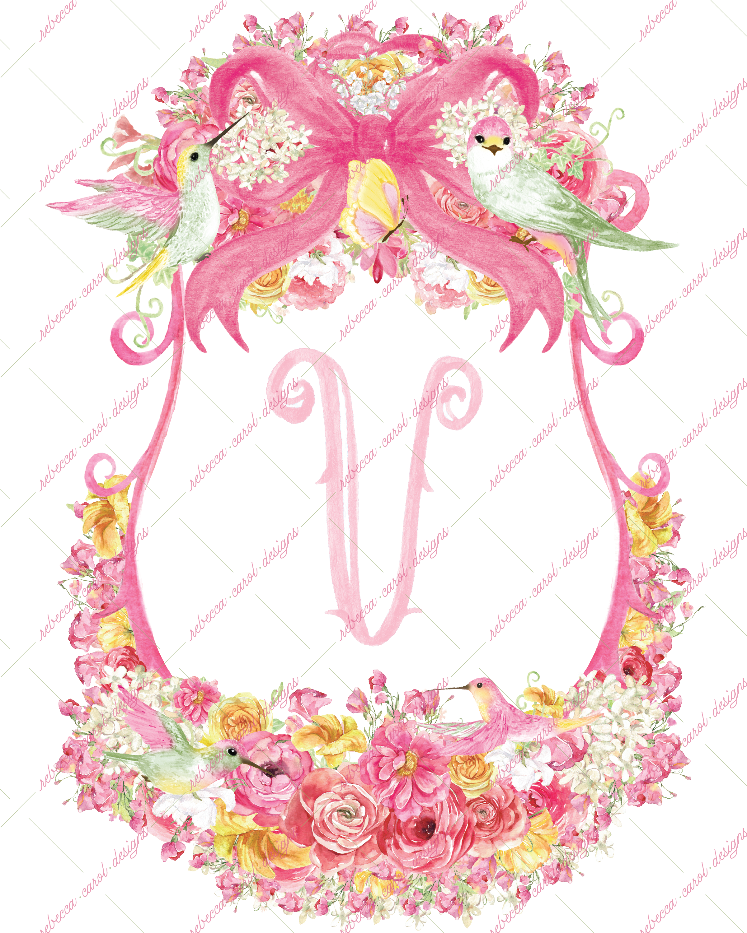 8x10in Watercolor Single Letter Monogram with Birds and Butterfly - V - Pink Option 4
