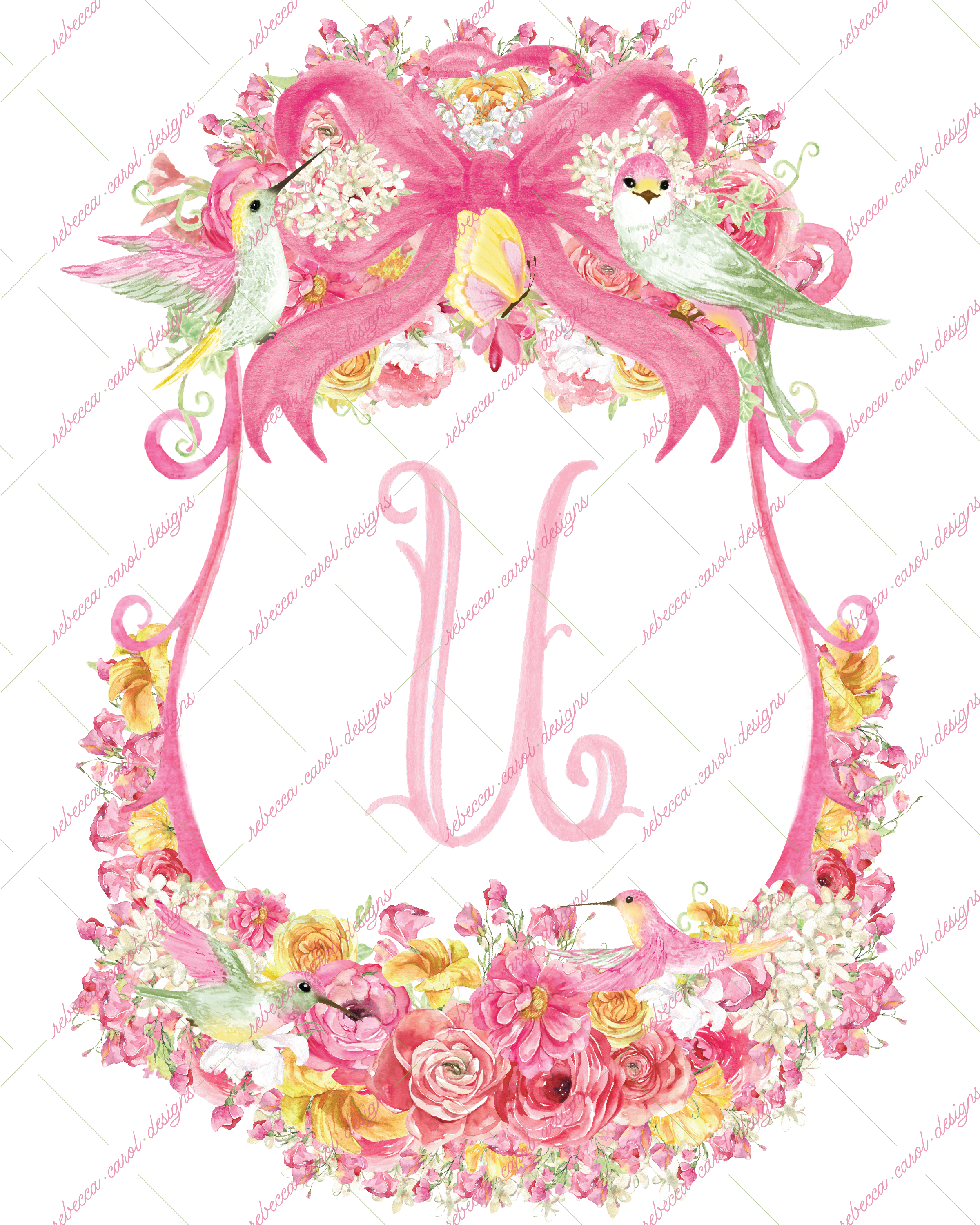 8x10in Watercolor Single Letter Monogram with Birds and Butterfly - U - Pink Option 4