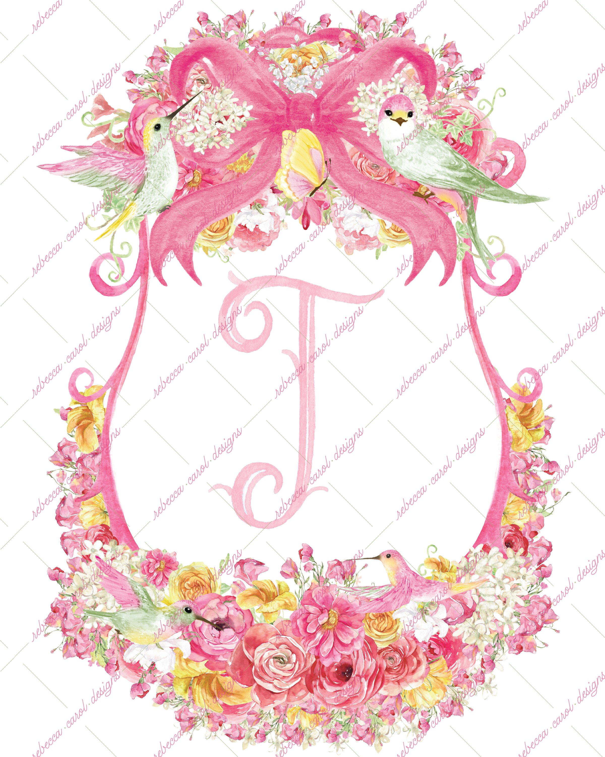 8x10in Watercolor Single Letter Monogram with Birds and Butterfly - T - Pink Option 4