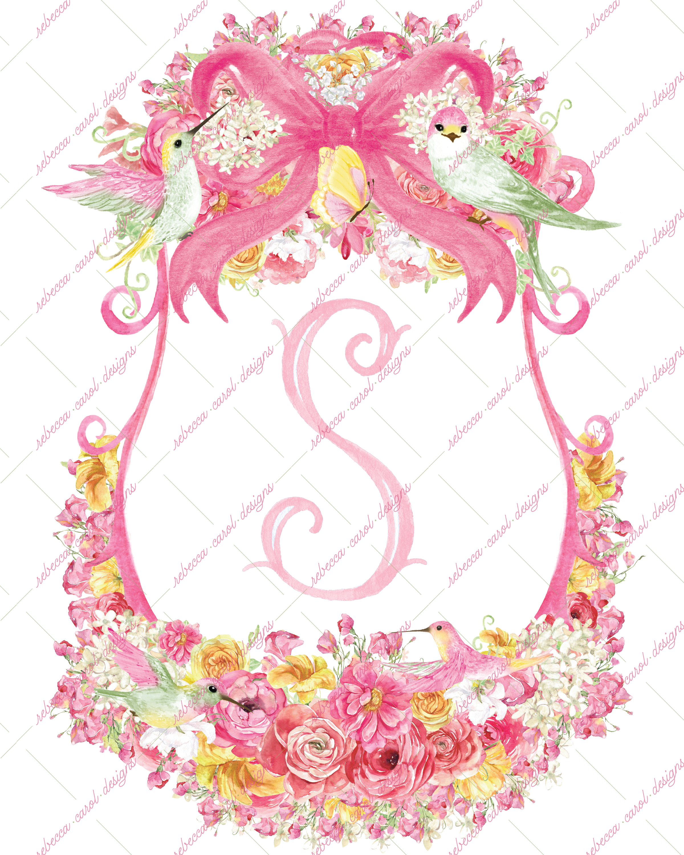 8x10in Watercolor Single Letter Monogram with Birds and Butterfly - S - Pink Option 4