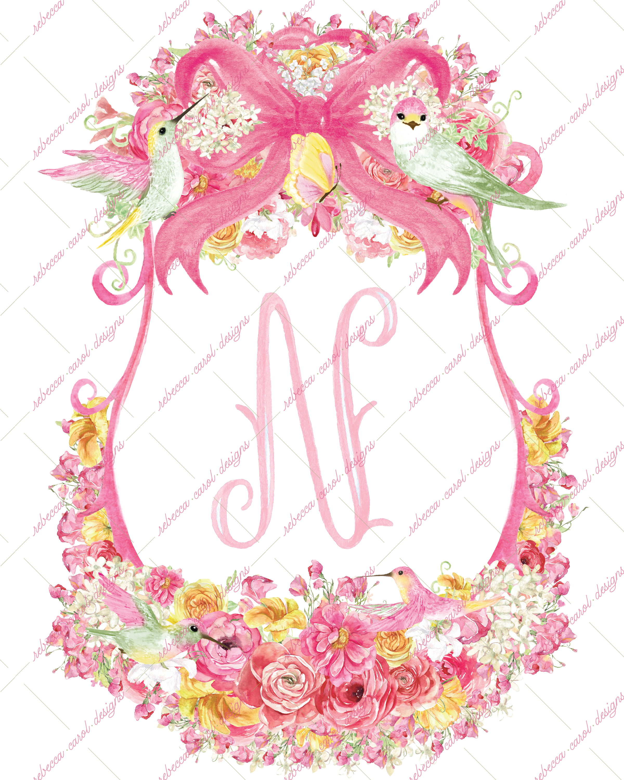 8x10in Watercolor Single Letter Monogram with Birds and Butterfly - N - Pink Option 4