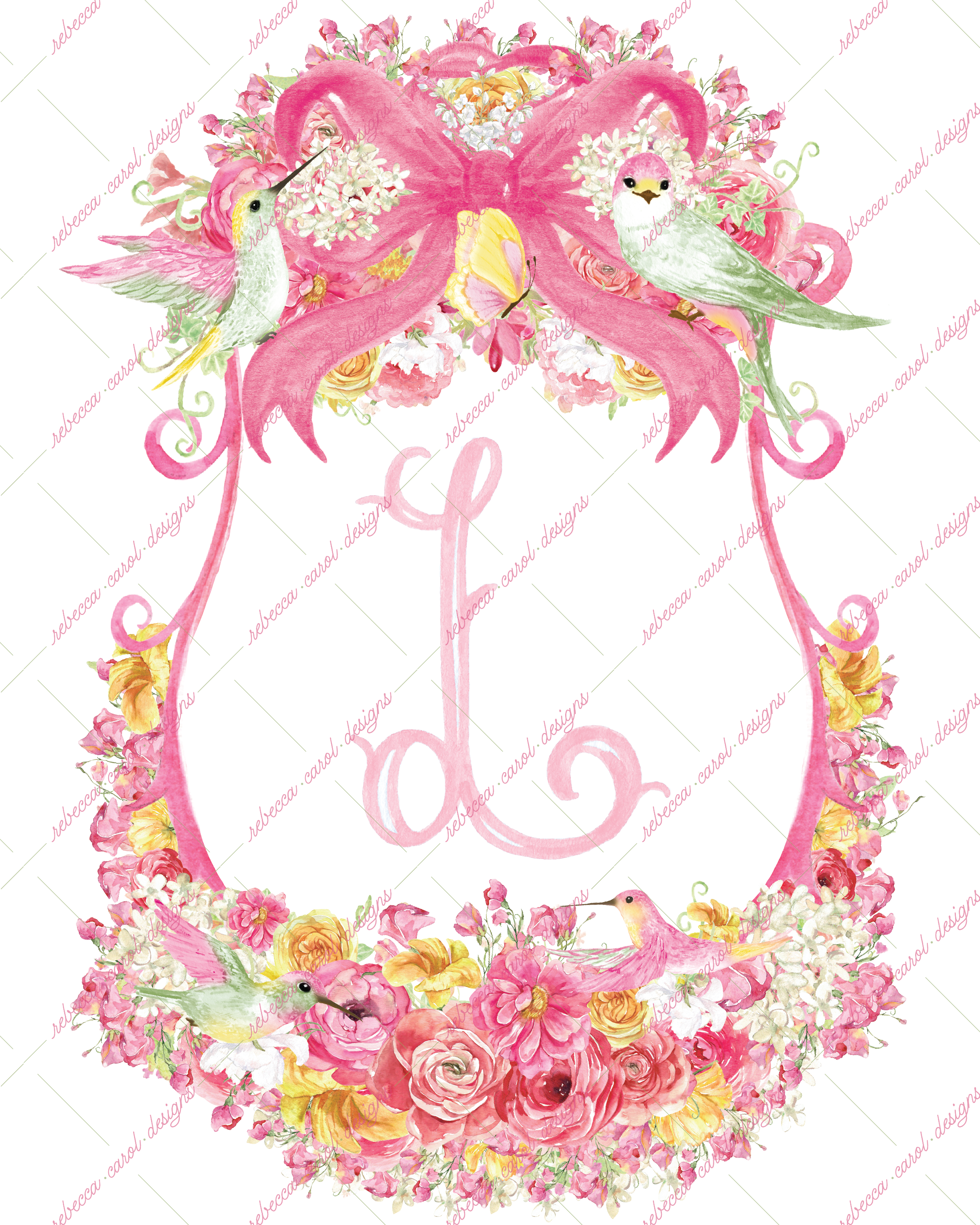 8x10in Watercolor Single Letter Monogram with Birds and Butterfly - L - Pink Option 4