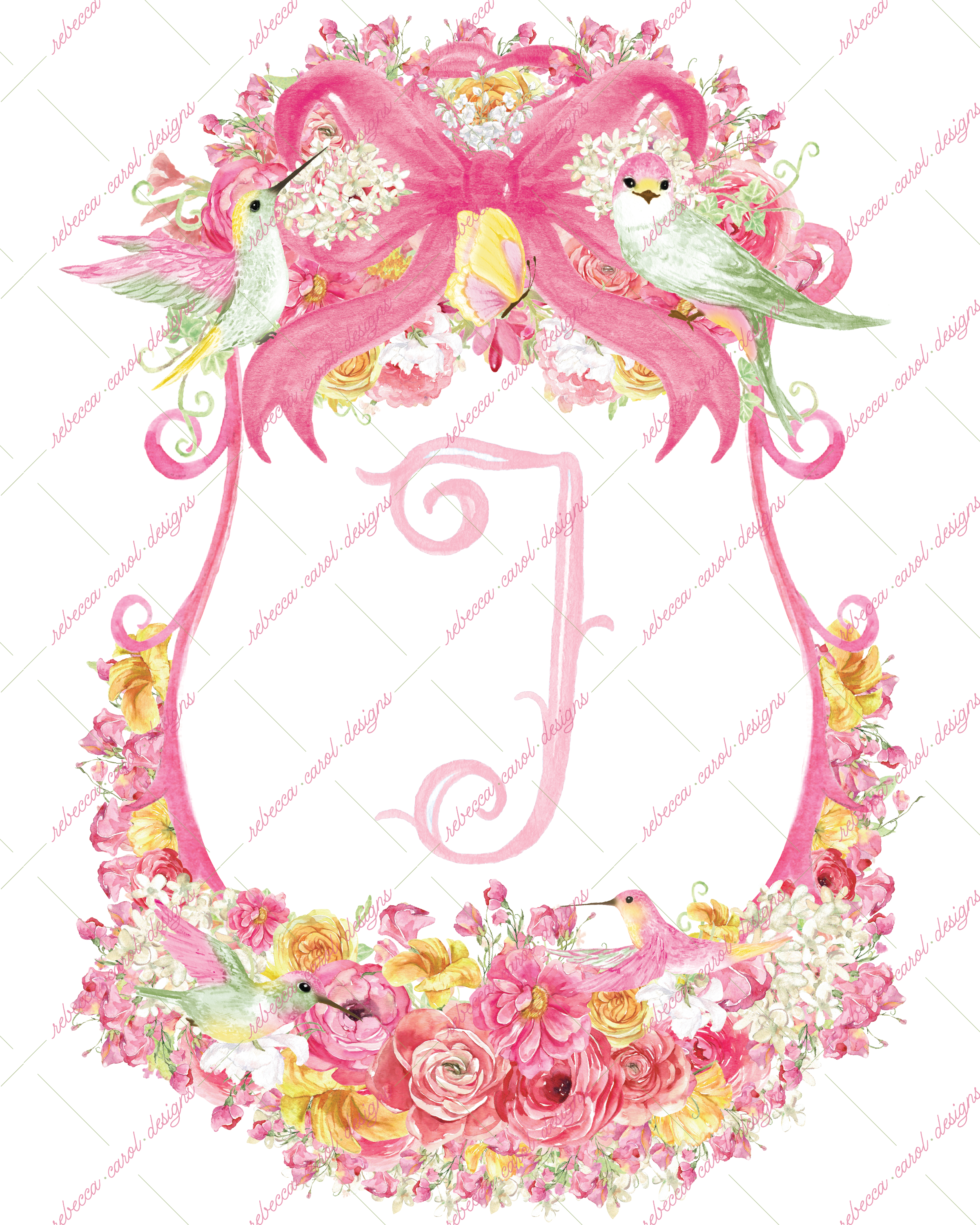 8x10in Watercolor Single Letter Monogram with Birds and Butterfly - J - Pink Option 4