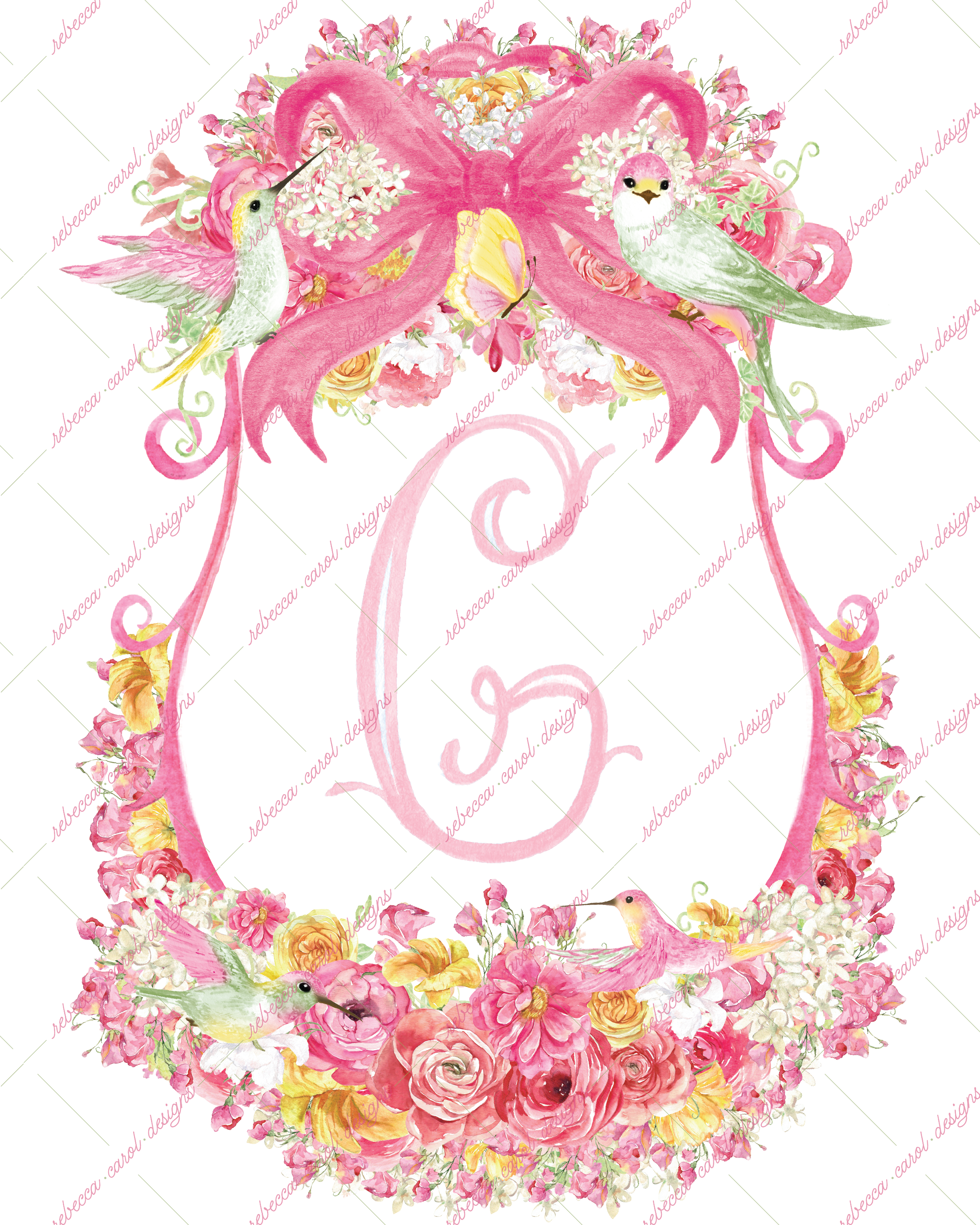 8x10in Watercolor Single Letter Monogram with Birds and Butterfly - G - Pink Option 4