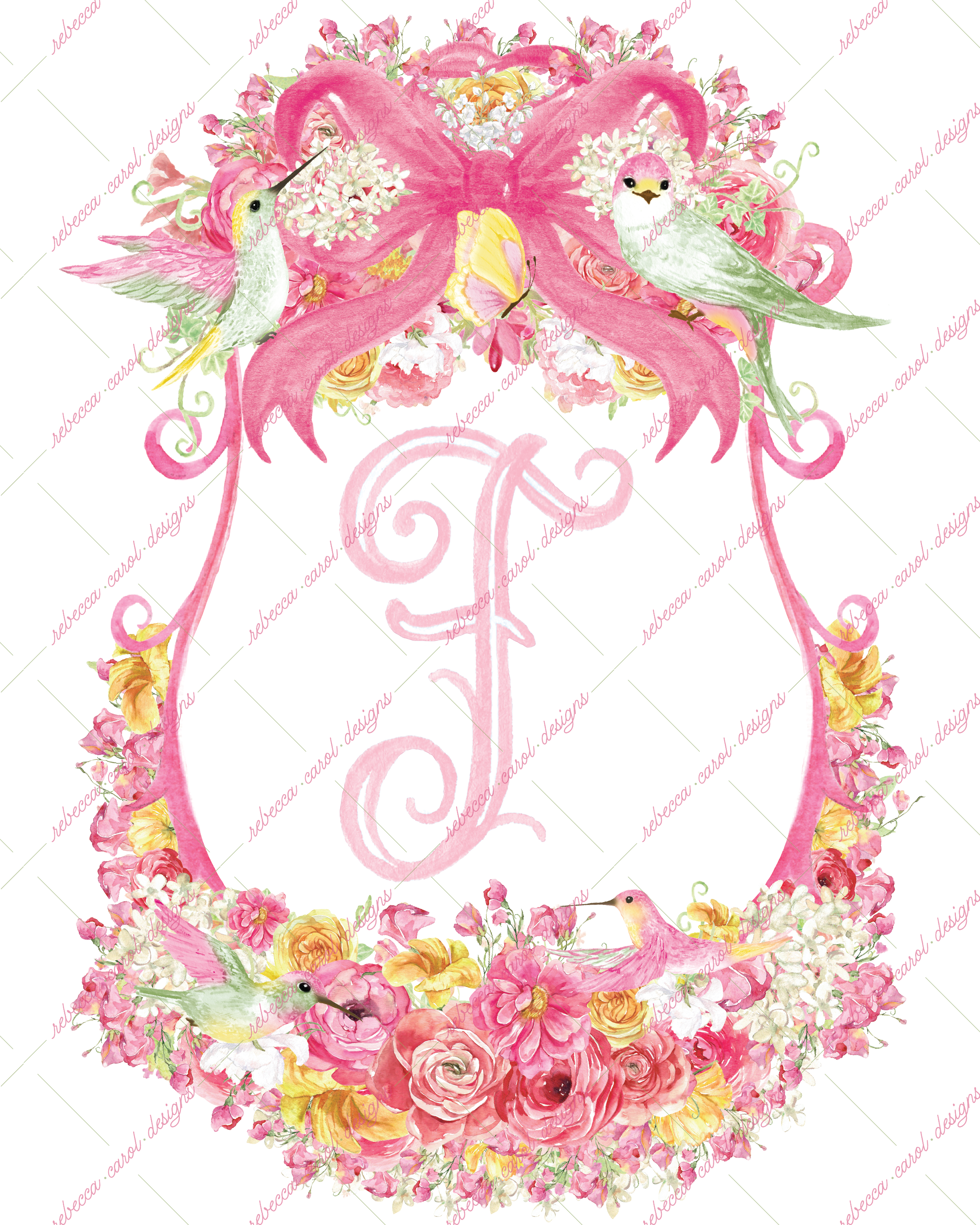 8x10in Watercolor Single Letter Monogram with Birds and Butterfly - F - Pink Option 4