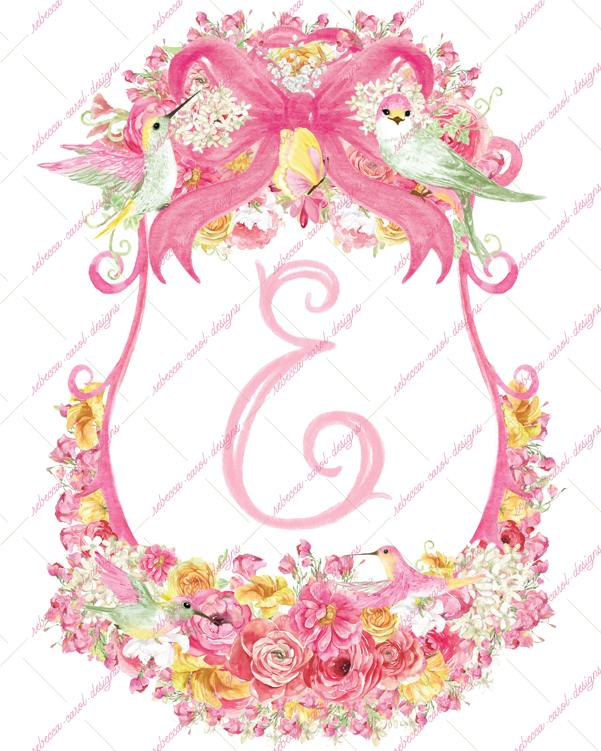 8x10in Watercolor Single Letter Monogram with Birds and Butterfly - E - Pink Option 4