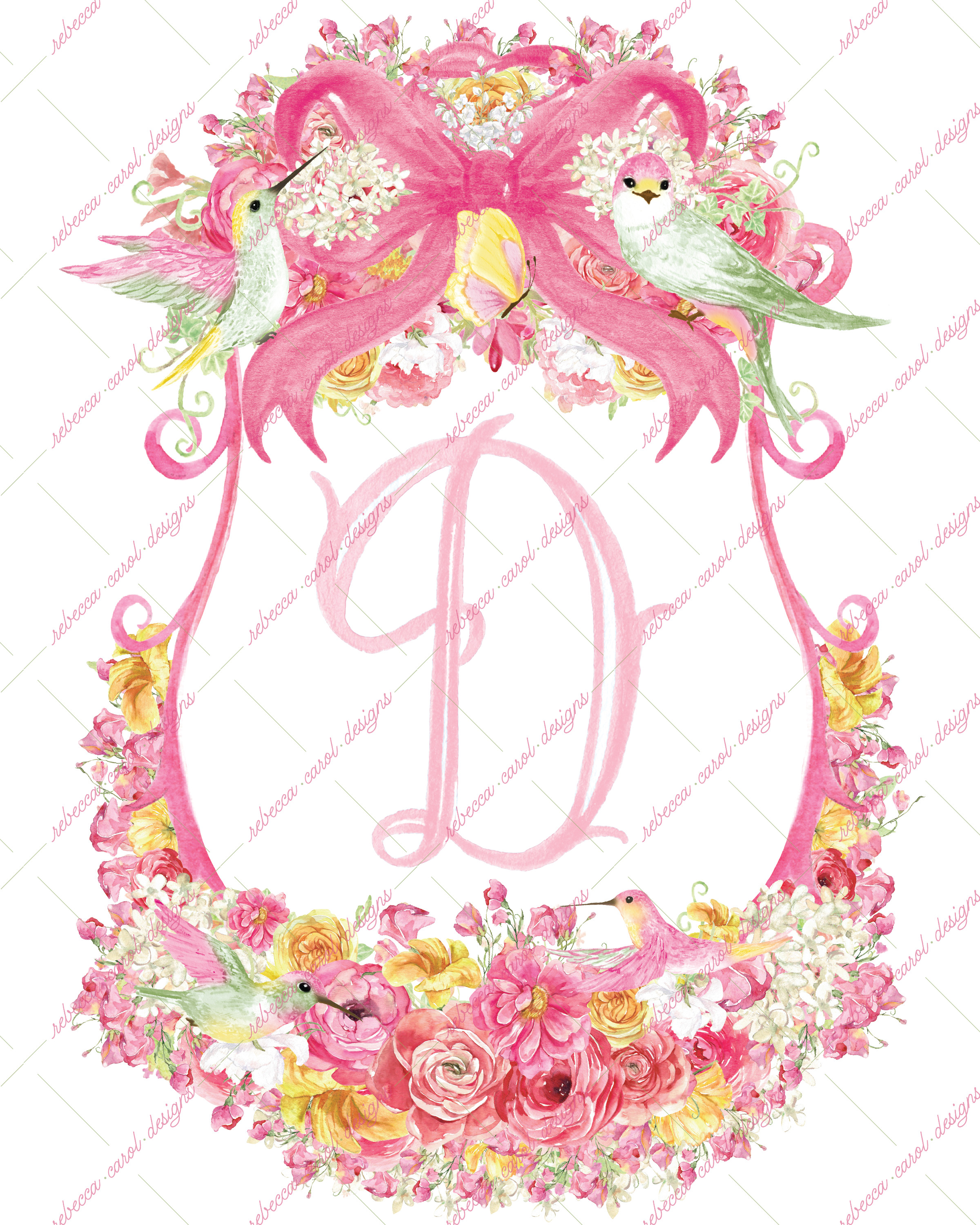 8x10in Watercolor Single Letter Monogram with Birds and Butterfly - D - Pink Option 4