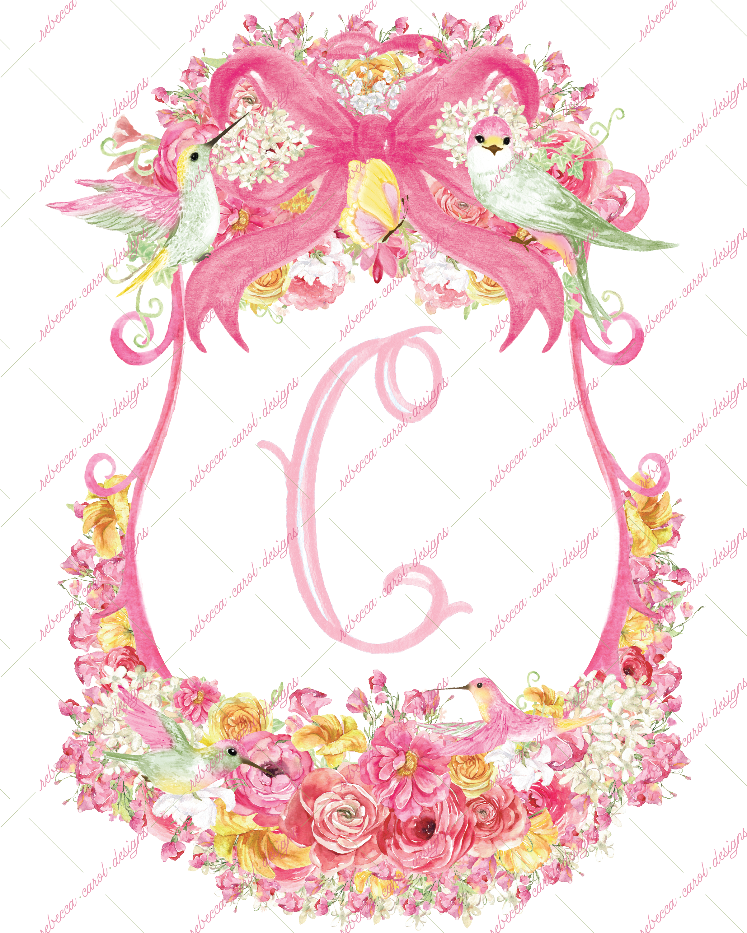 8x10in Watercolor Single Letter Monogram with Birds and Butterfly - C - Pink Option 4