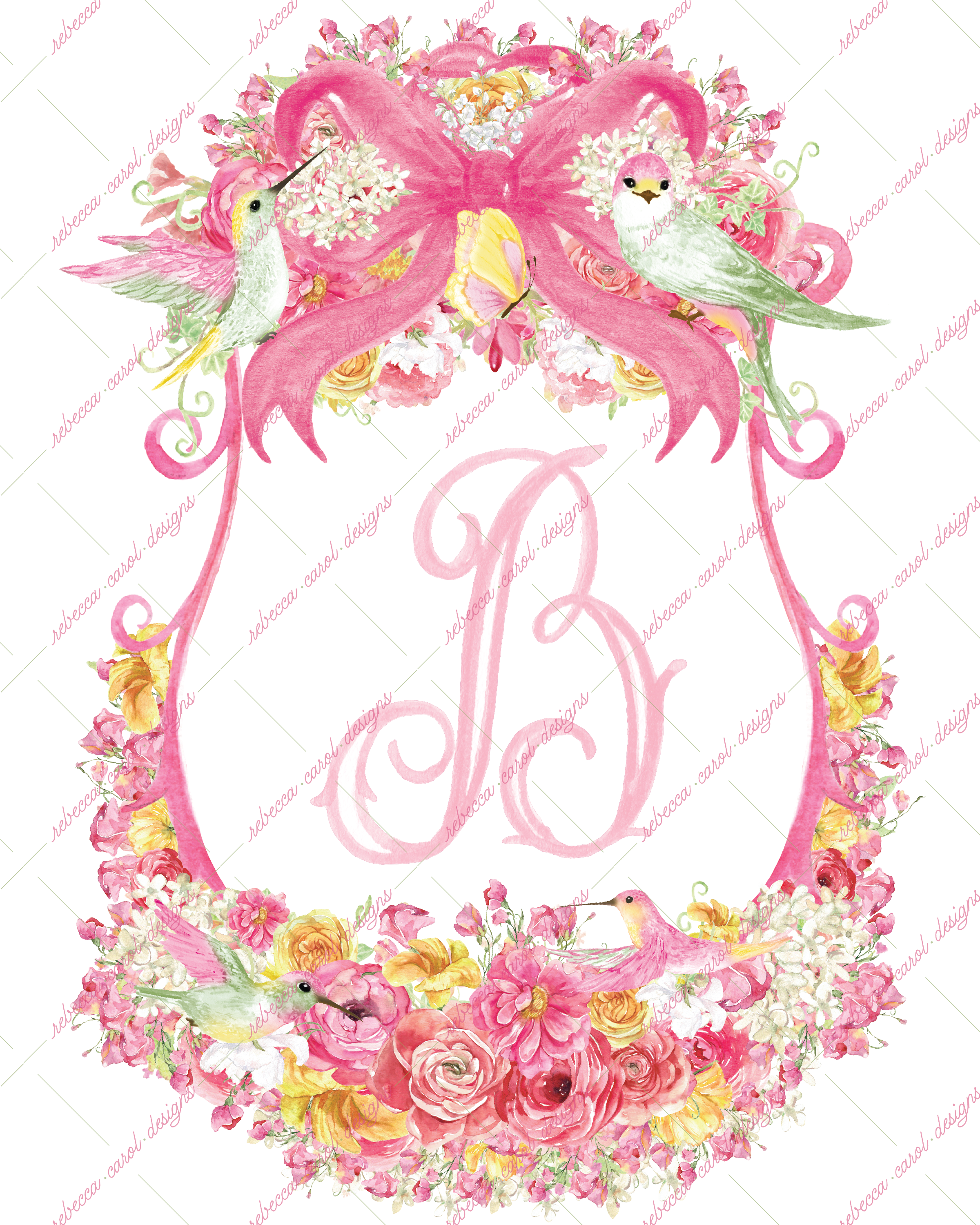 8x10in Watercolor Single Letter Monogram with Birds and Butterfly - B - Pink Option 4
