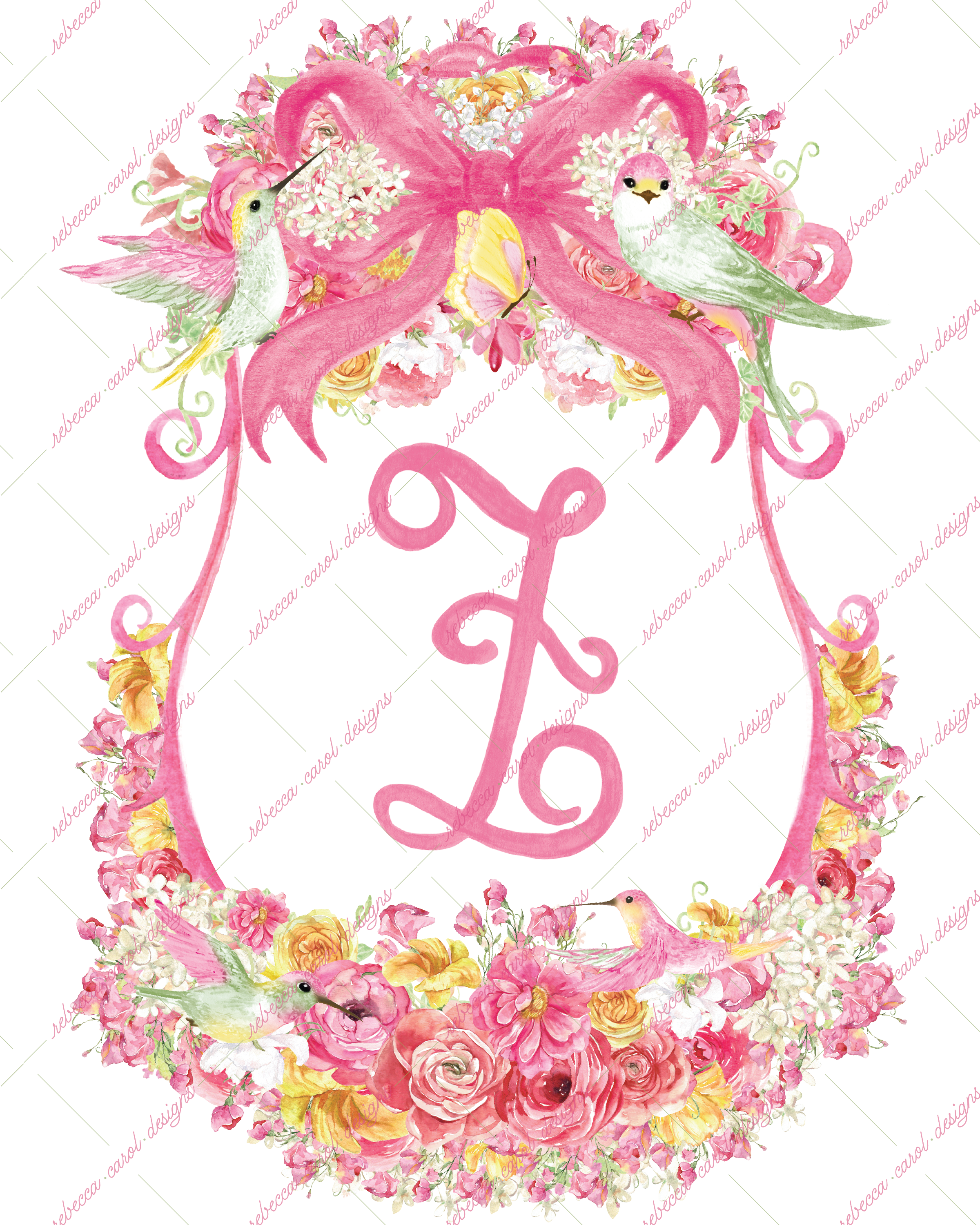 8x10in Watercolor Single Letter Monogram with Birds and Butterfly - Z - Pink Option 3