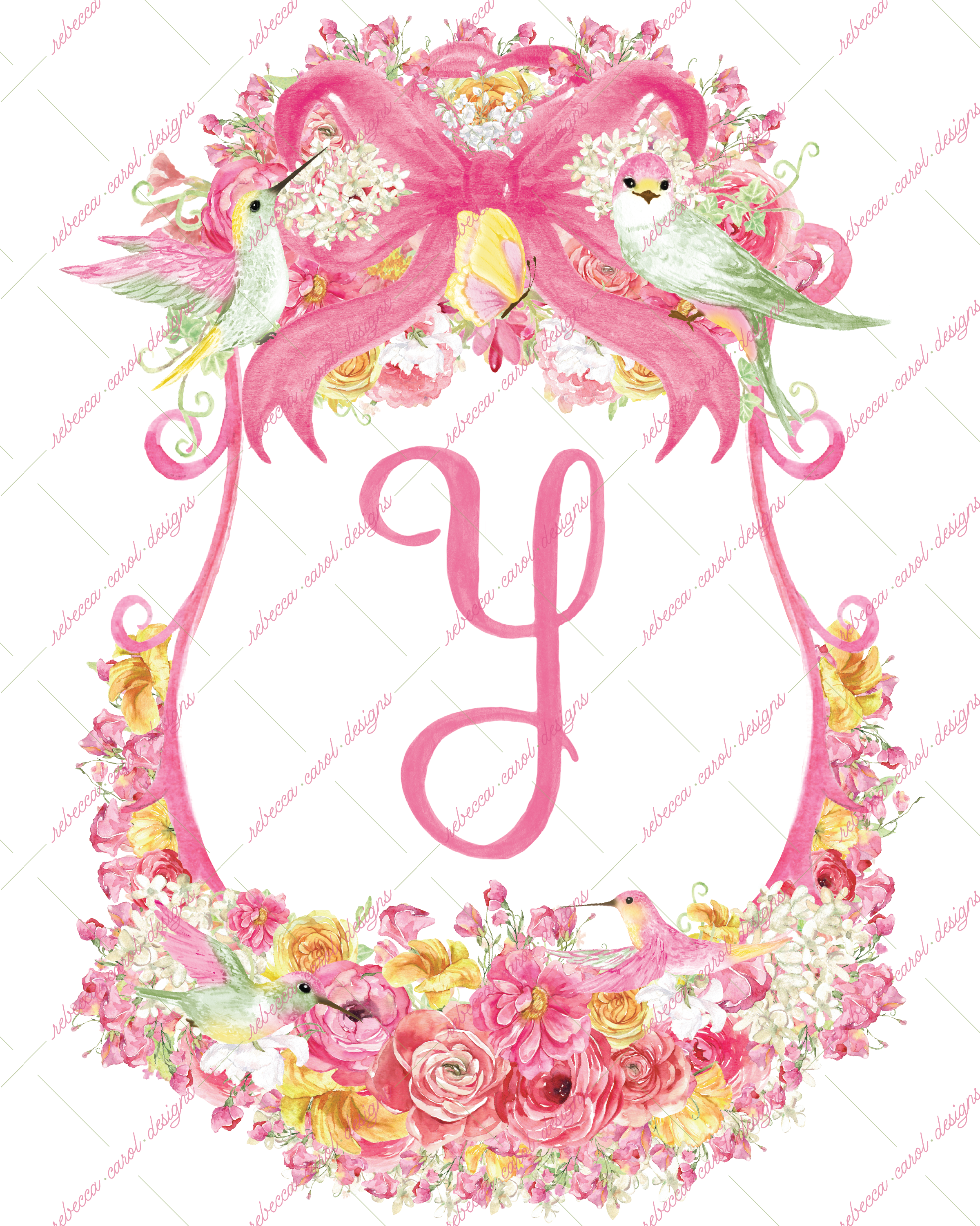 8x10in Watercolor Single Letter Monogram with Birds and Butterfly - Y - Pink Option 3
