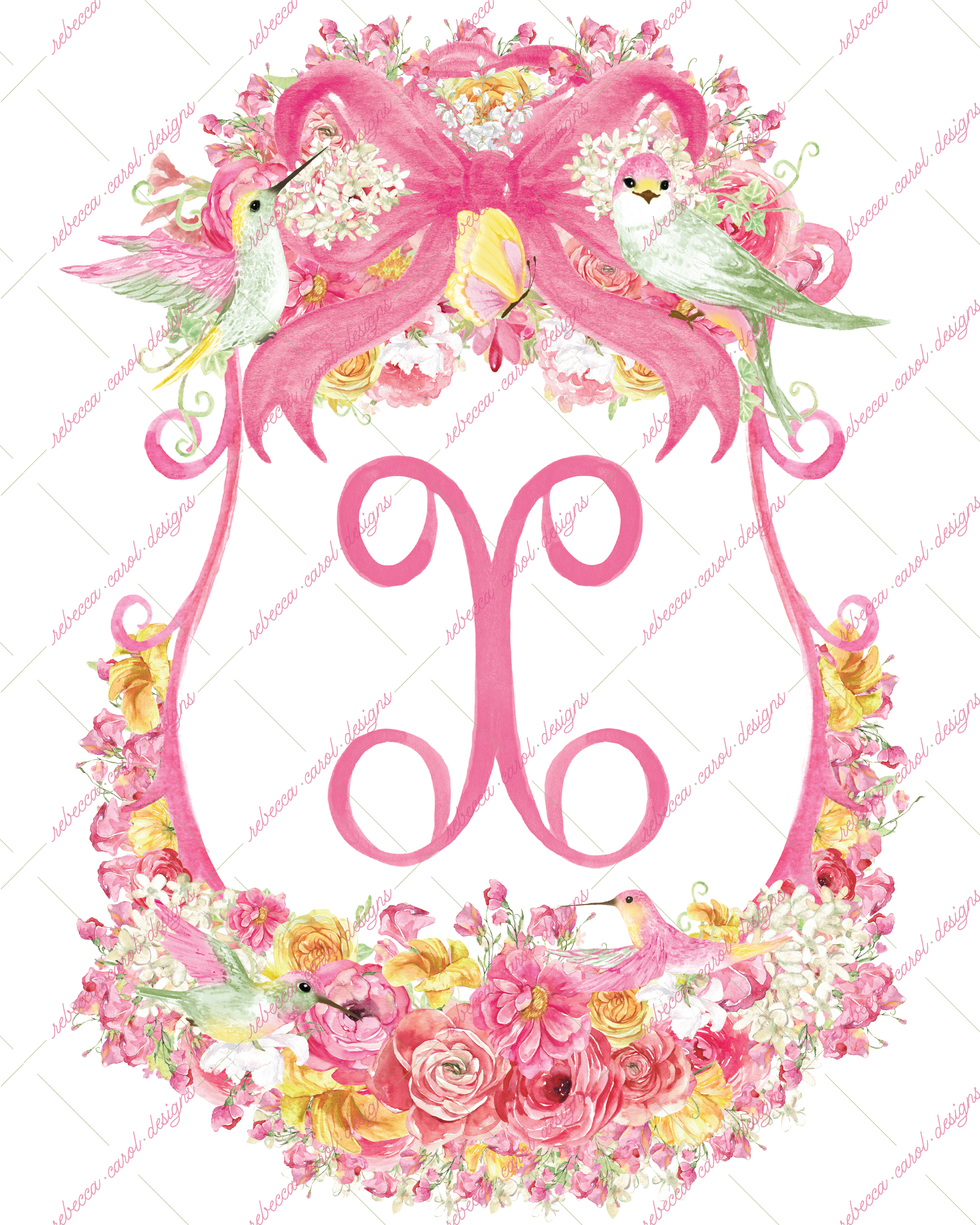 8x10in Watercolor Single Letter Monogram with Birds and Butterfly - X - Pink Option 3
