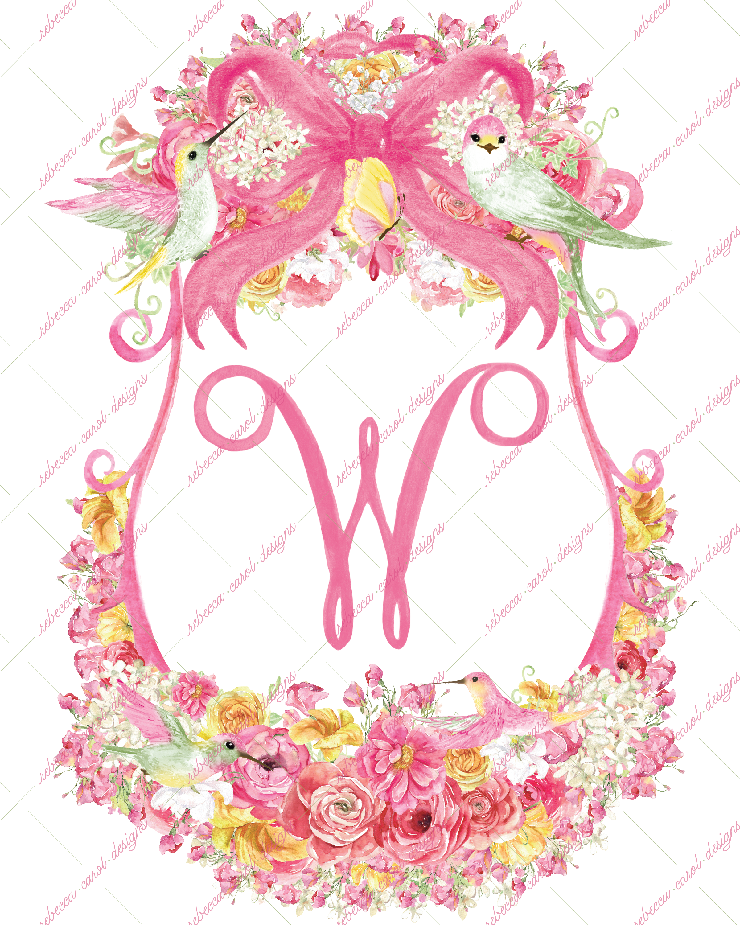 8x10in Watercolor Single Letter Monogram with Birds and Butterfly - W - Pink Option 3