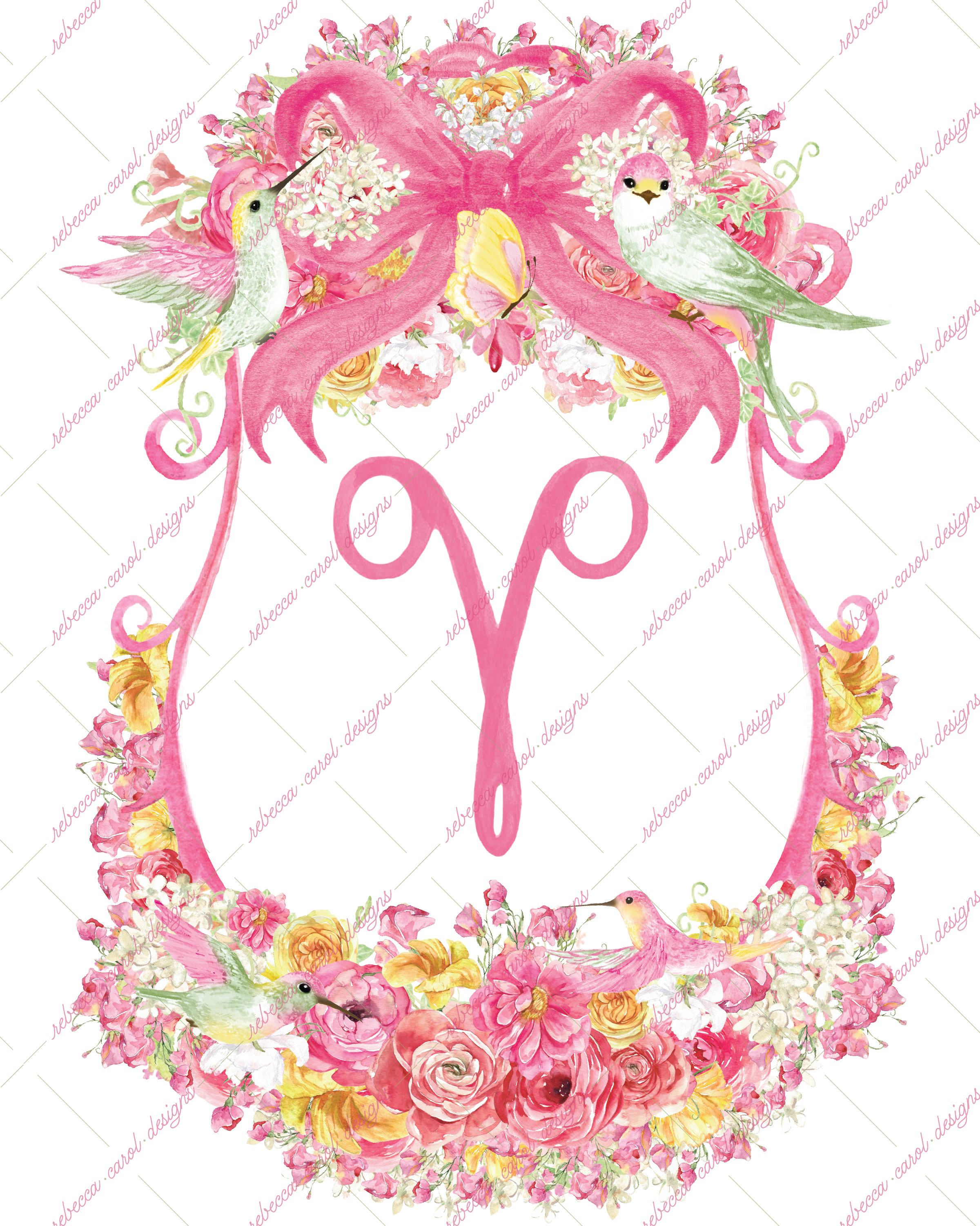8x10in Watercolor Single Letter Monogram with Birds and Butterfly - V - Pink Option 3