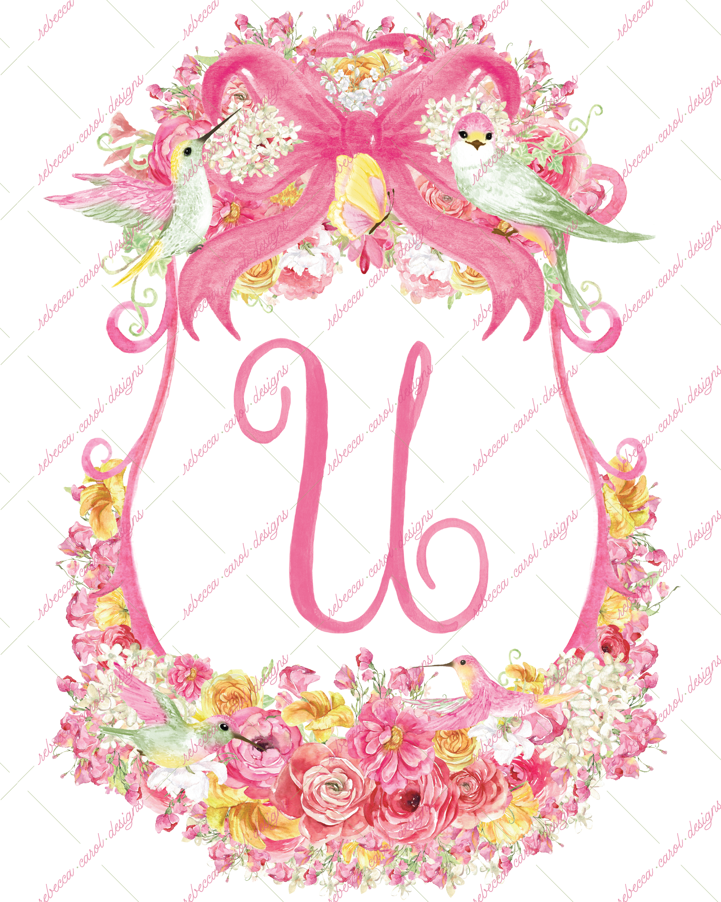 8x10in Watercolor Single Letter Monogram with Birds and Butterfly - U - Pink Option 3