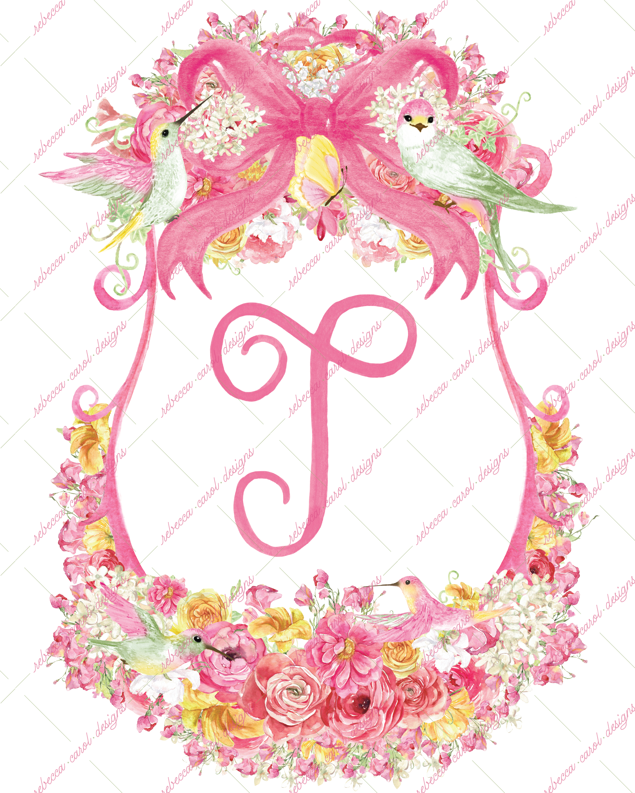 8x10in Watercolor Single Letter Monogram with Birds and Butterfly - T - Pink Option 3