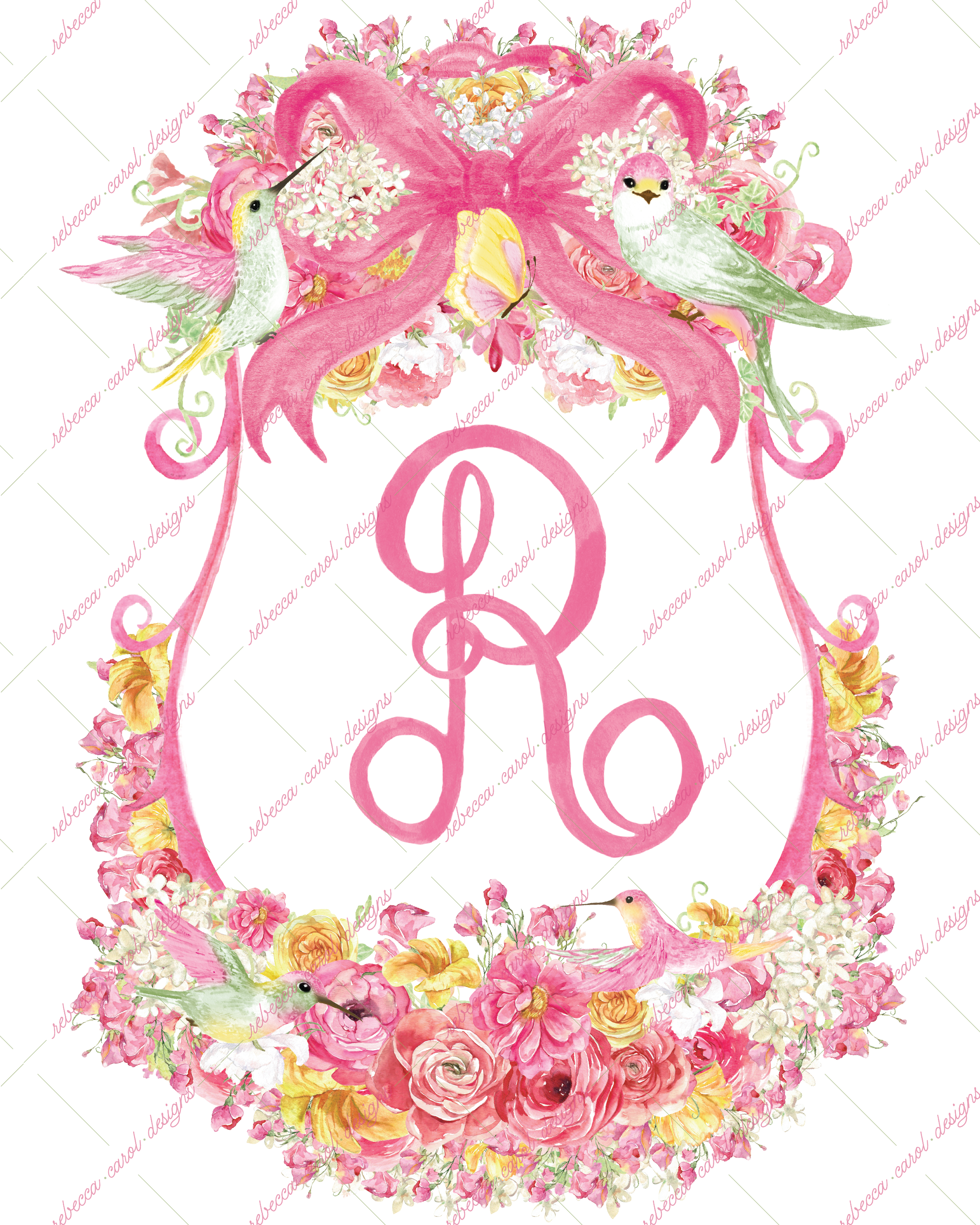 8x10in Watercolor Single Letter Monogram with Birds and Butterfly - R - Pink Option 3