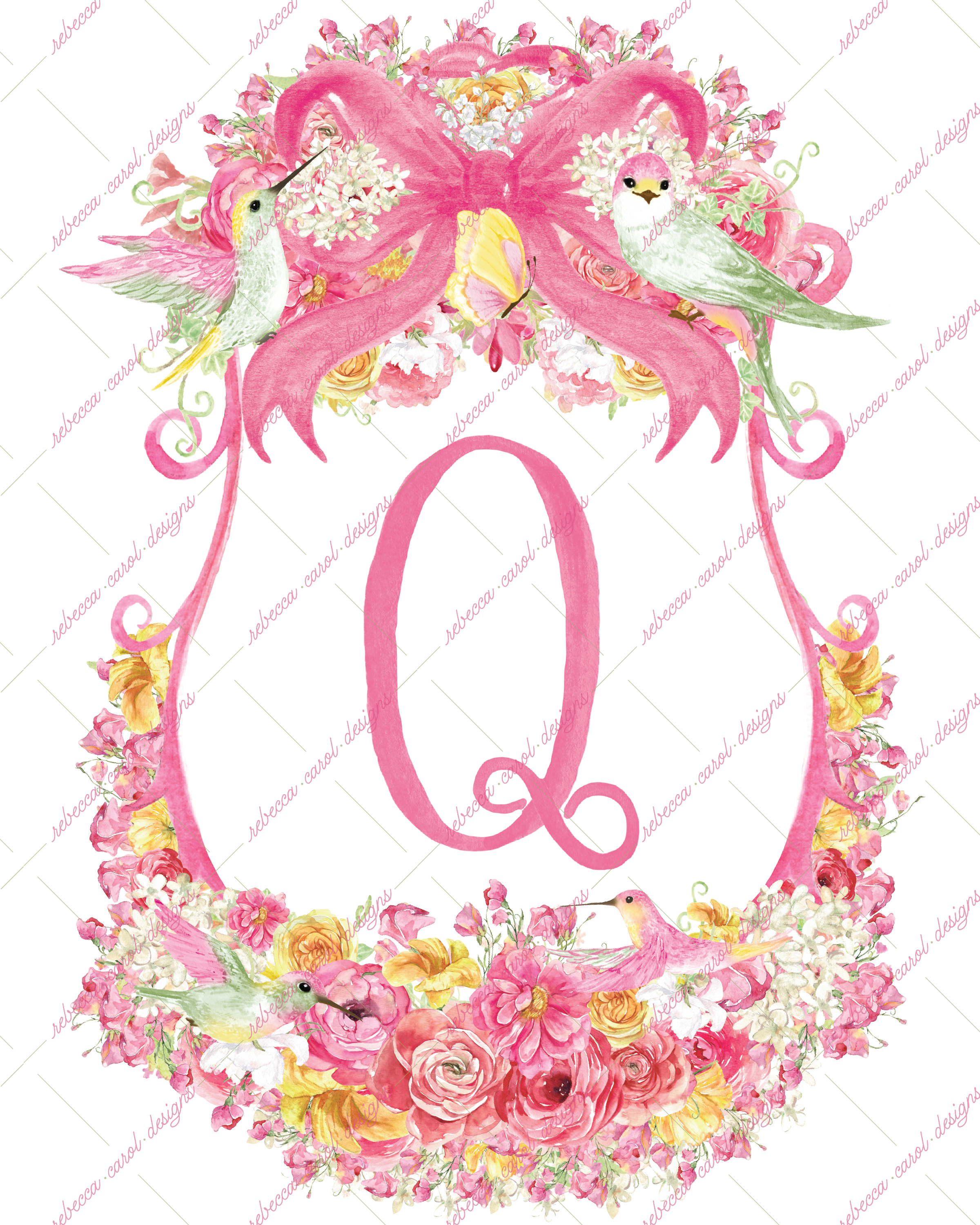 8x10in Watercolor Single Letter Monogram with Birds and Butterfly - Q - Pink Option 3