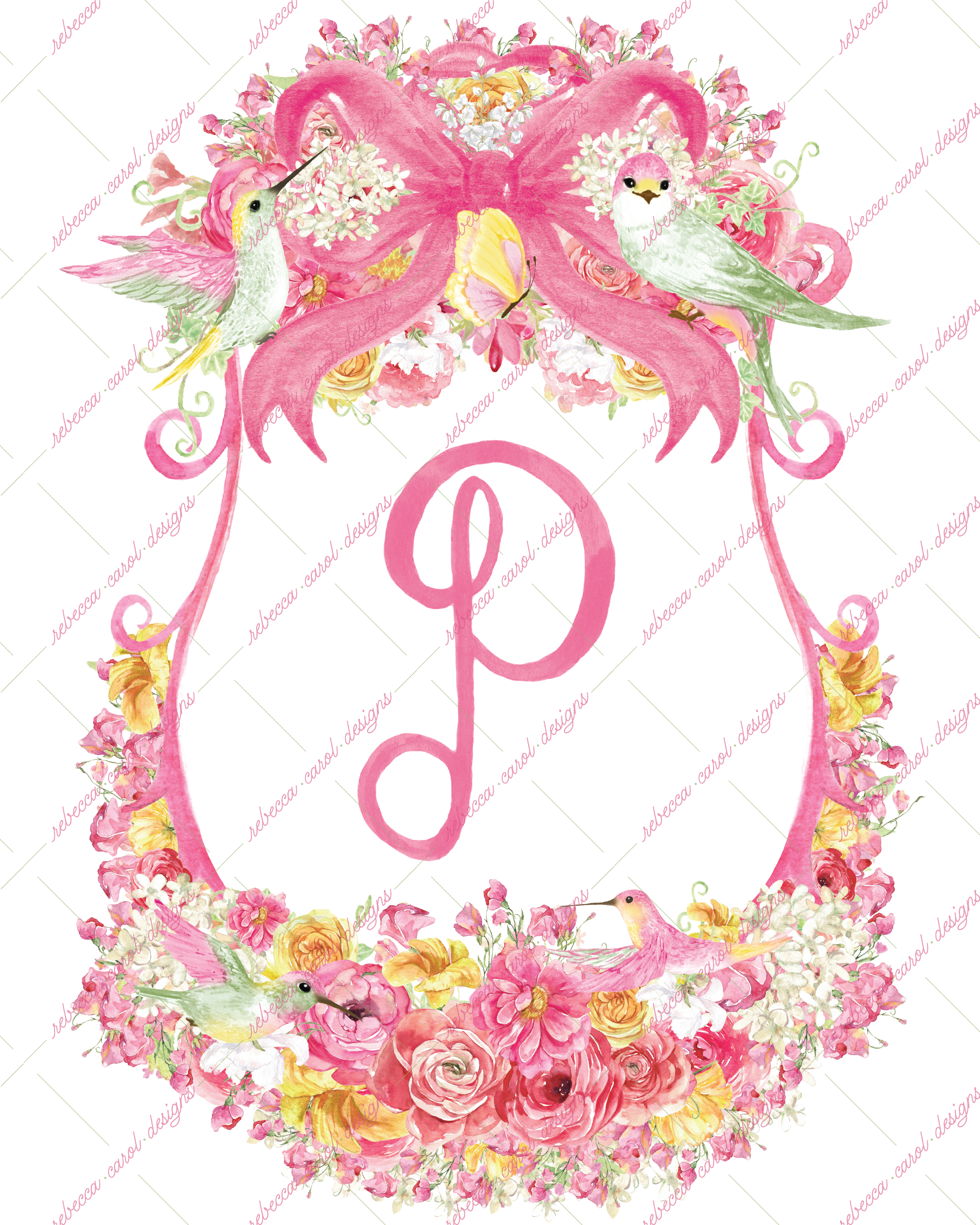 8x10in Watercolor Single Letter Monogram with Birds and Butterfly - P - Pink Option 3
